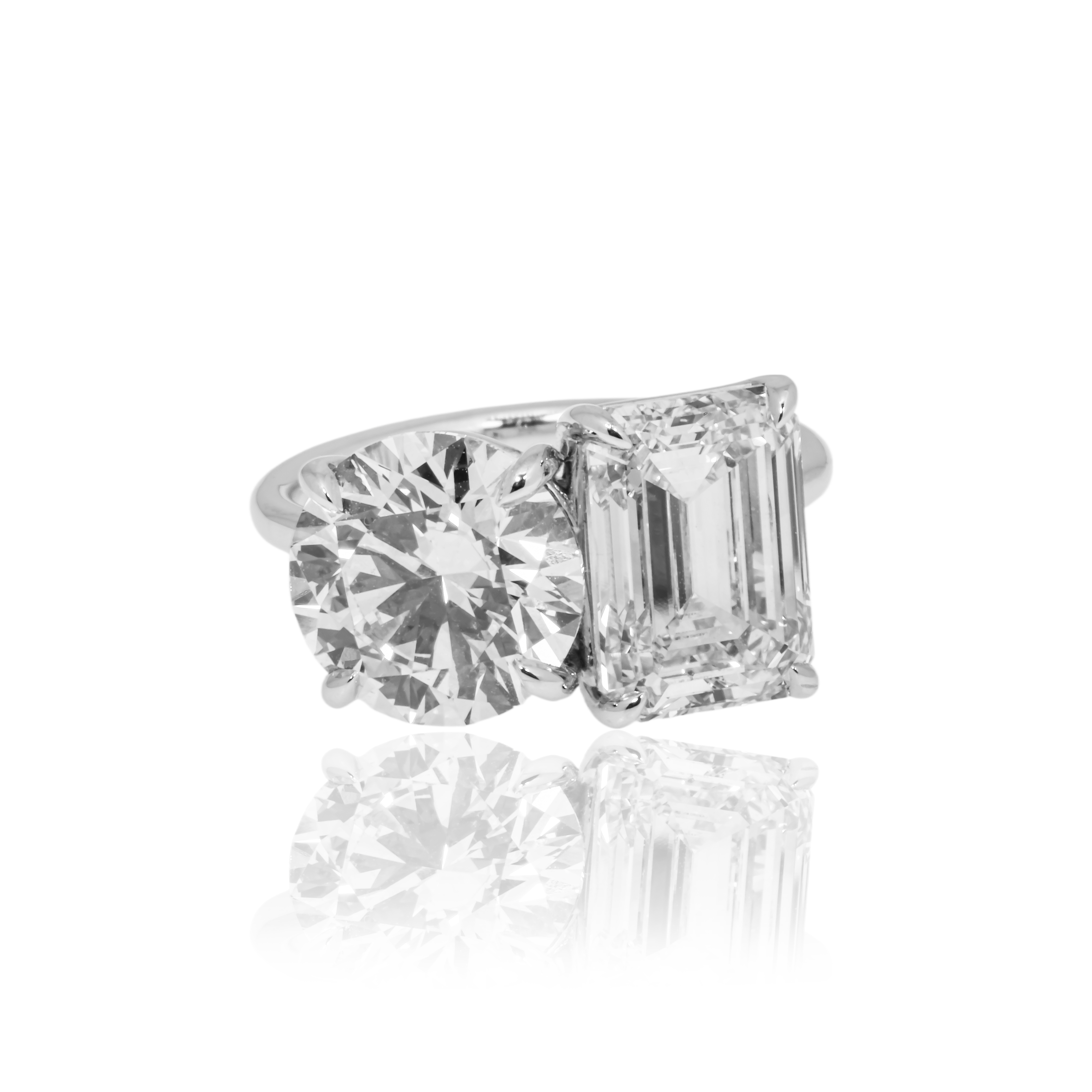 18K White Gold Round & Emerald Cut Double Diamond Toi et Moi Ring 7.52ctw