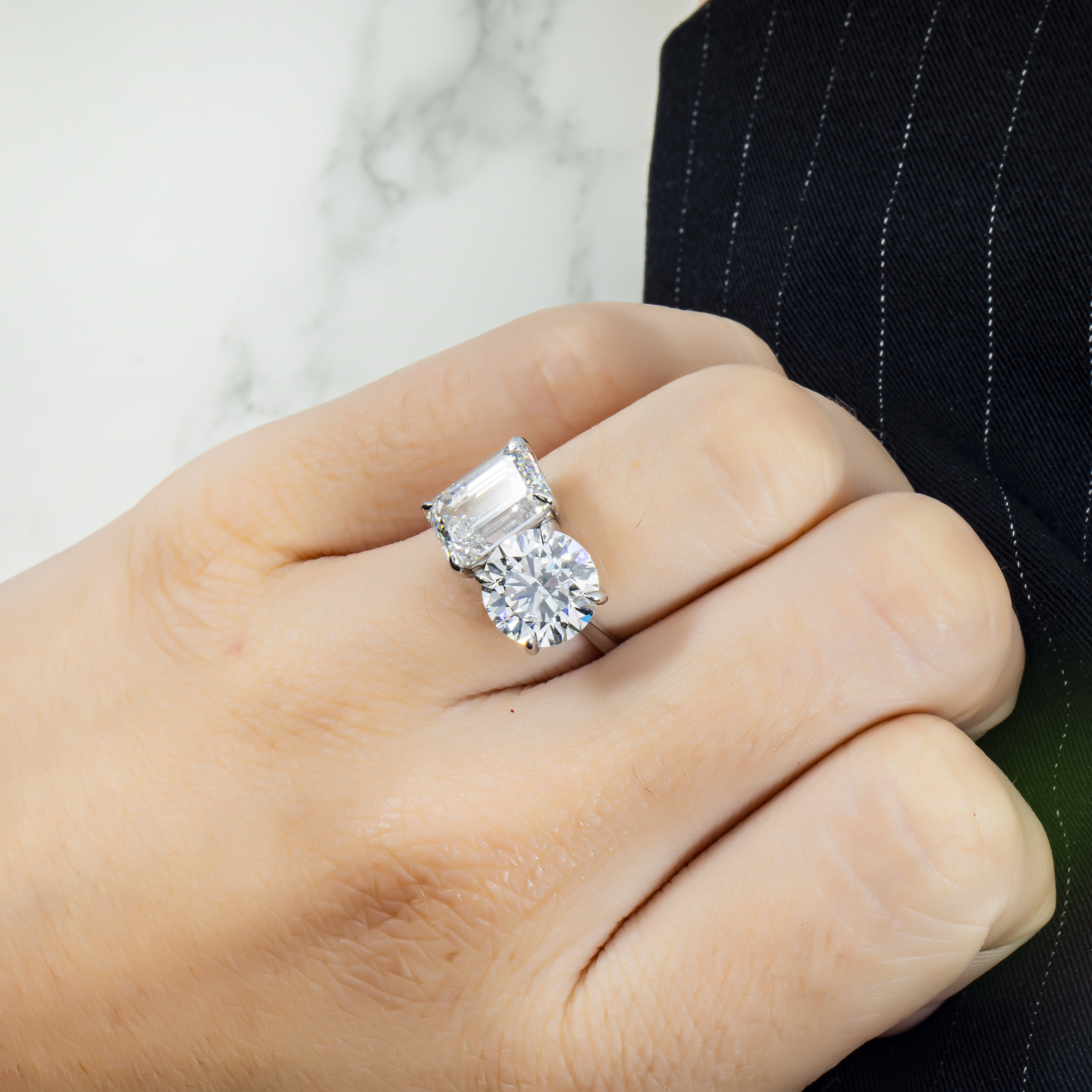 18K White Gold Round & Emerald Cut Double Diamond Ring 7.52Ctw Bridal