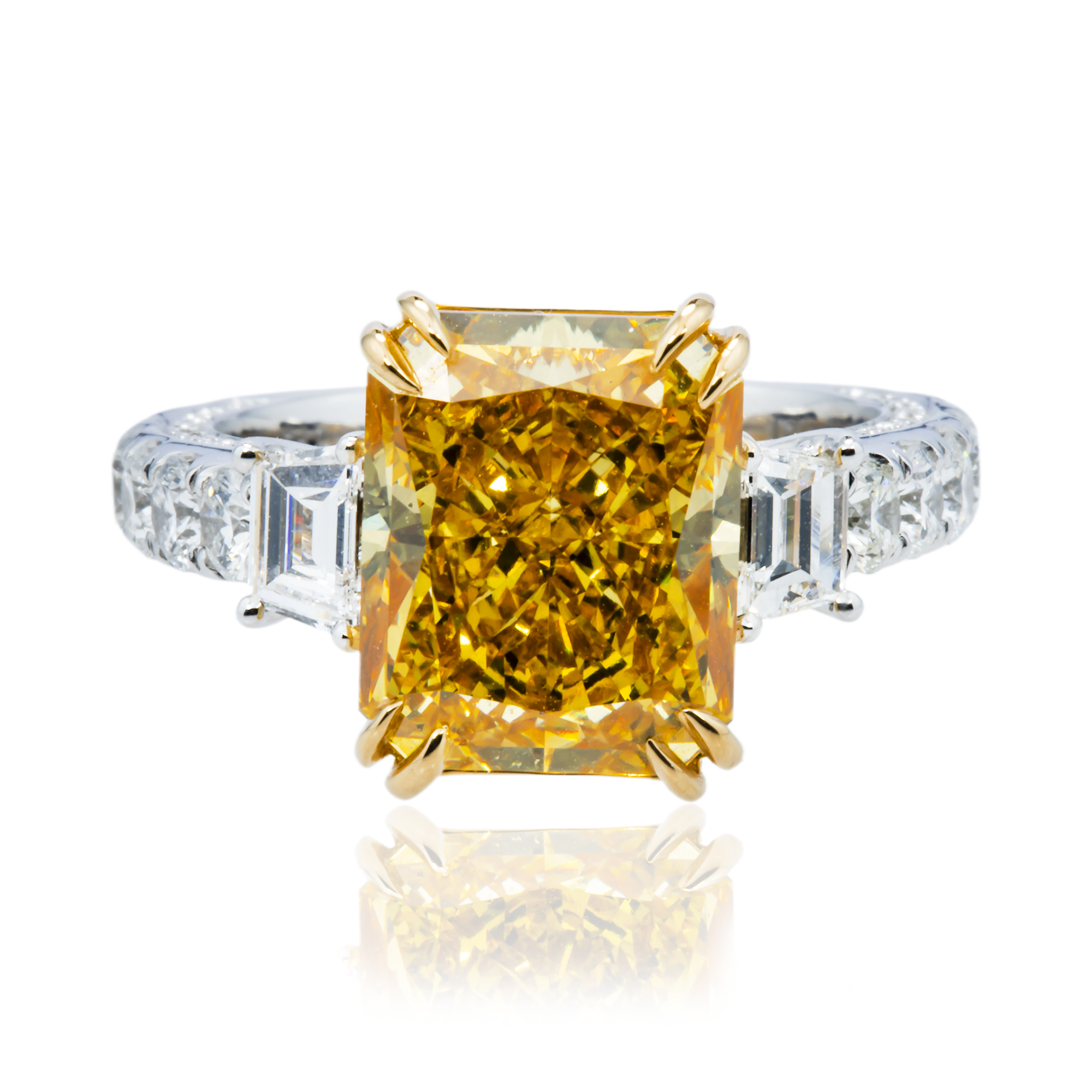 18K Two Tone 5.75ct Radiant Fancy Yellow Diamond Ring 7.15ctw