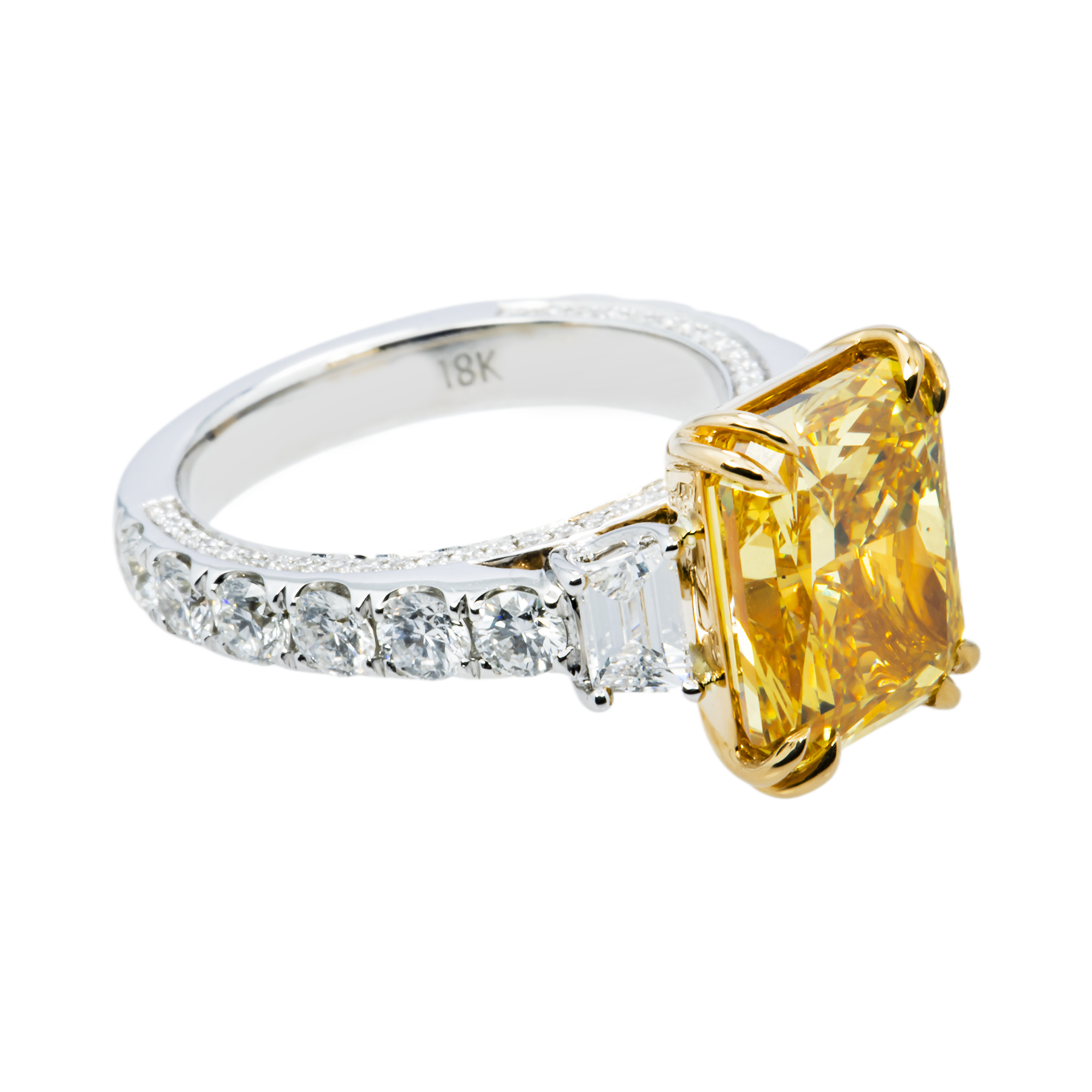 18K Two Tone 5.75ct Radiant Fancy Yellow Diamond Ring 7.15ctw
