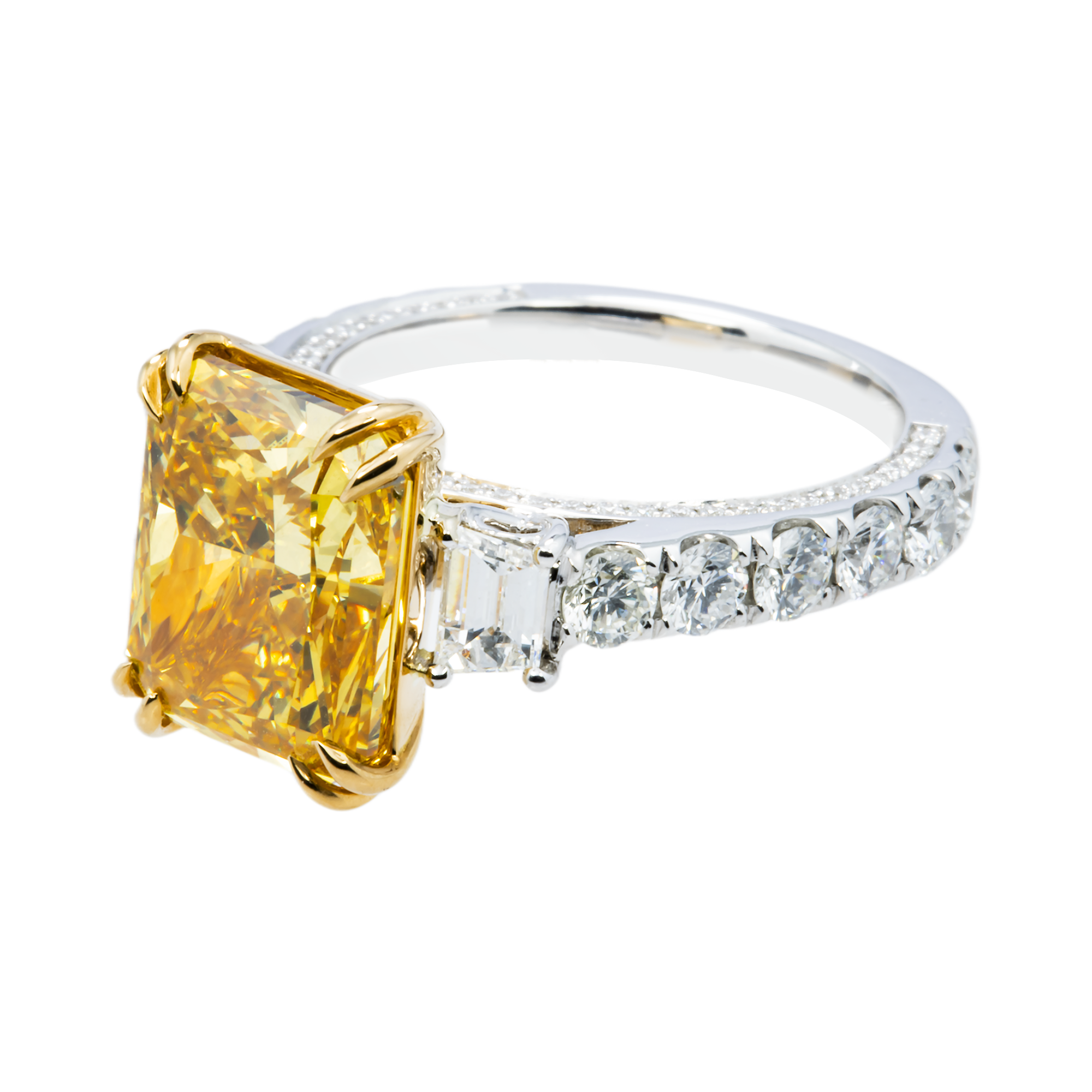 18K Two Tone 5.75ct Radiant Fancy Yellow Diamond Ring 7.15ctw