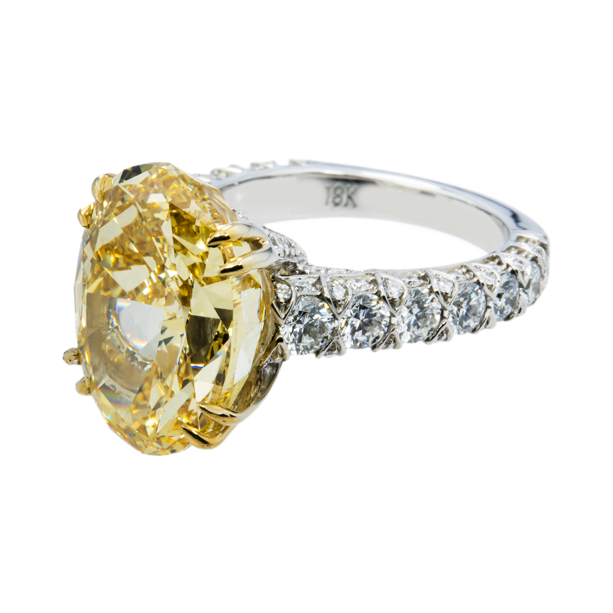 18K White Gold 11.57ct Oval Cut Fancy Yellow Diamond Ring 13.67ctw