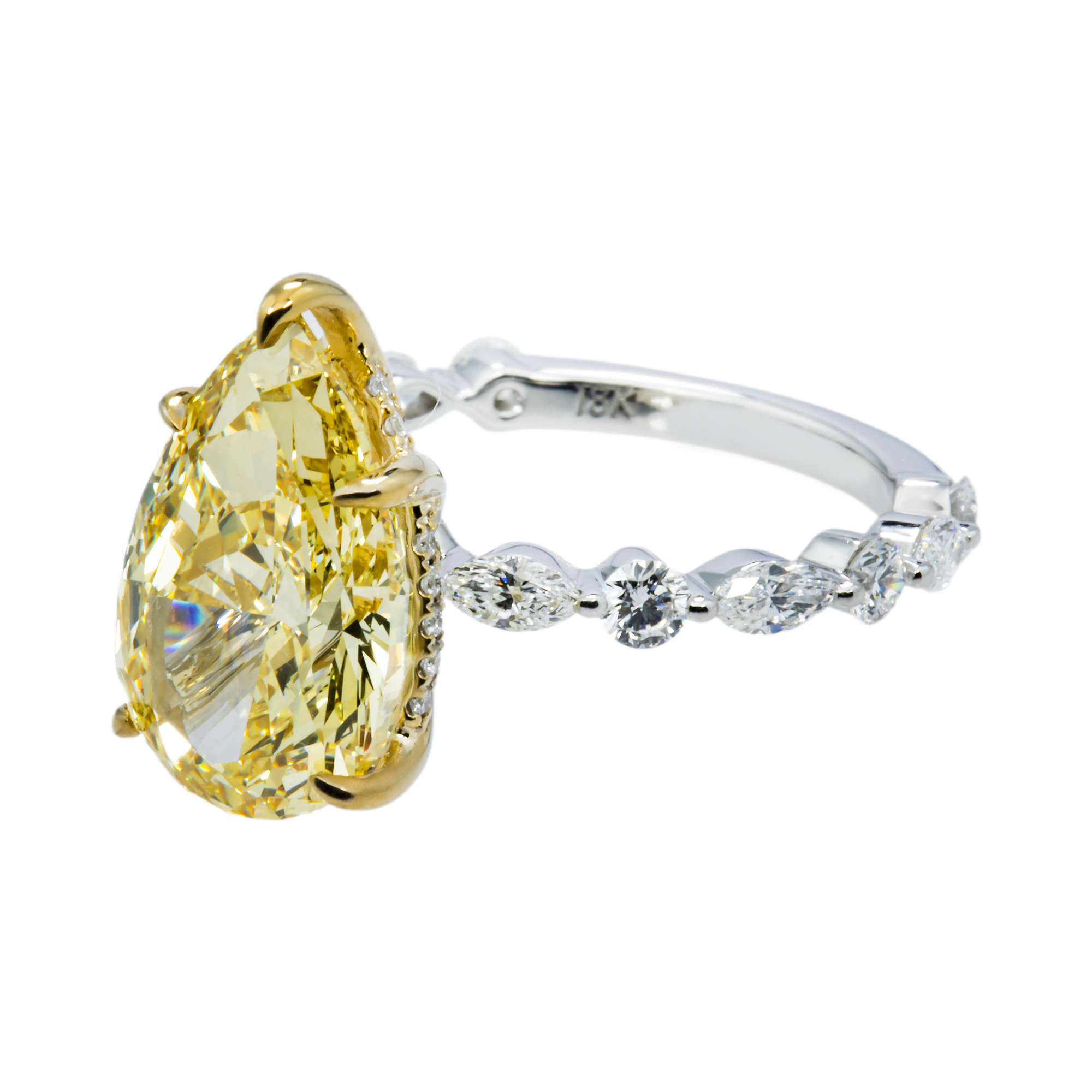 18K White Gold 5.44ct Pear Fancy Yellow Diamond Ring 6.49ctw