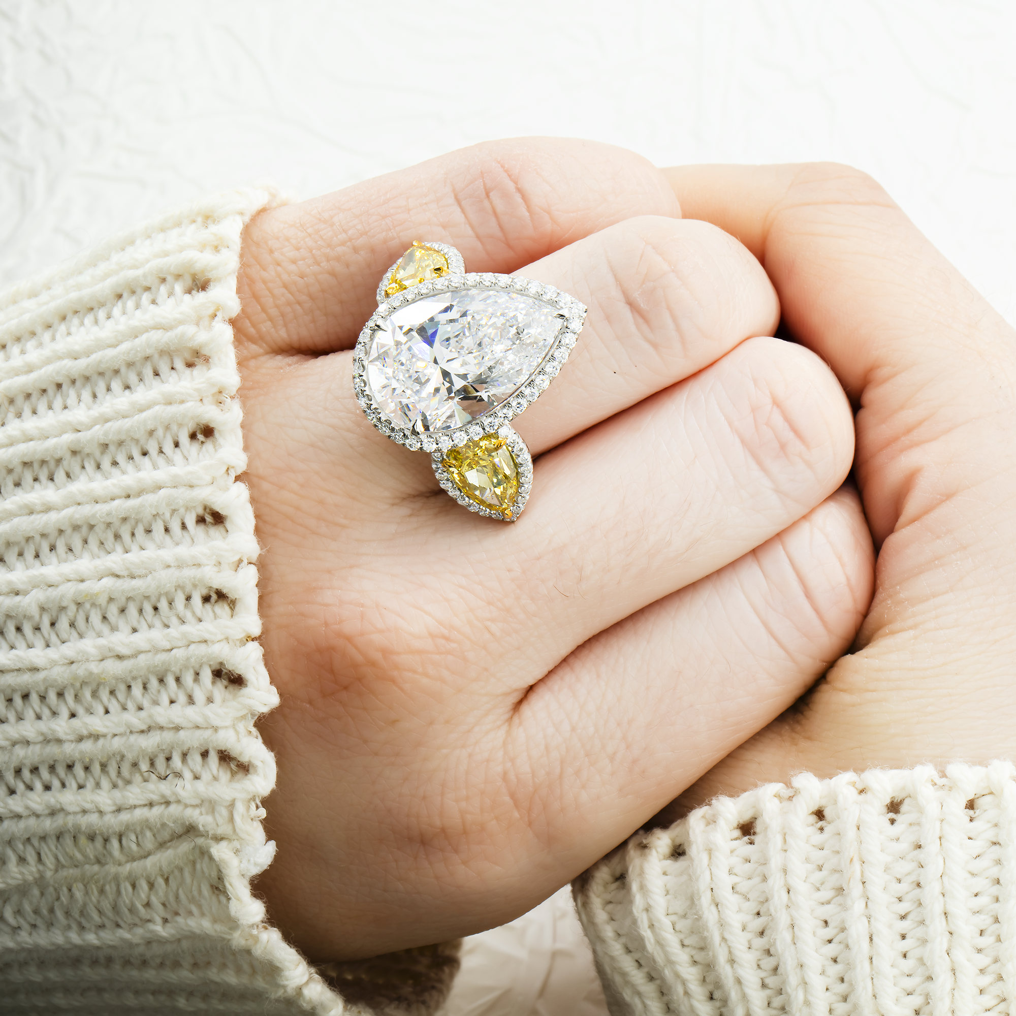 Platinum Triple Pear Cut White & Fancy Yellow Diamond Ring 19.57ctw