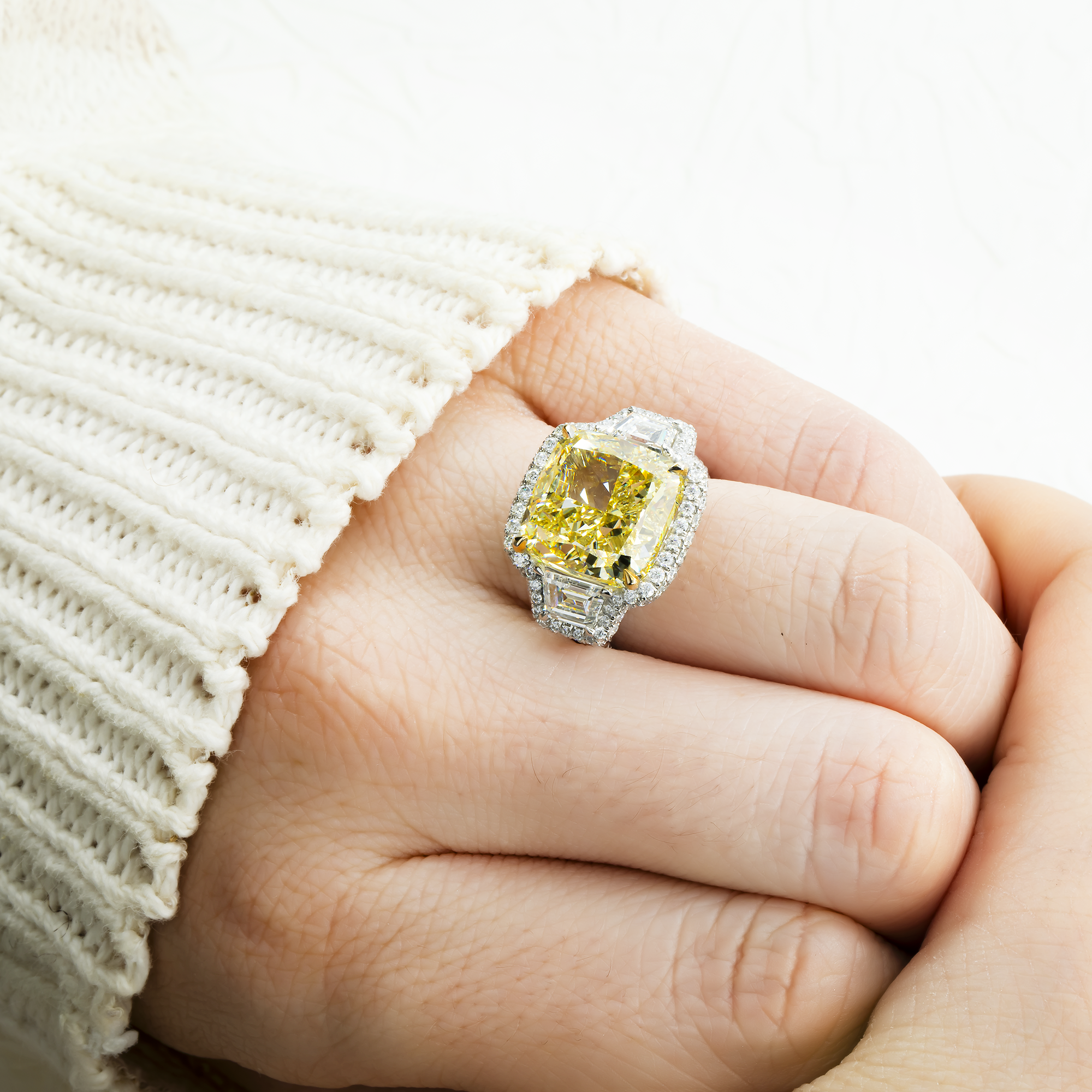 IGI Platinum 12.45ct Cushion Cut Fancy Yellow Diamond Ring 15.44ctw