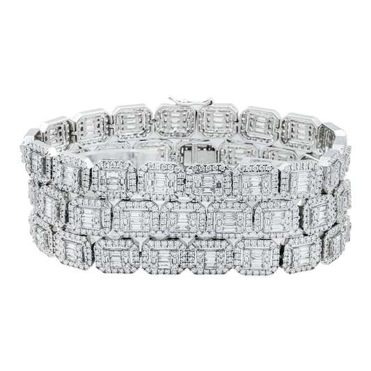 18K White Gold Triple Row Round & Baguette Cut Diamond Bracelet 17.44ct