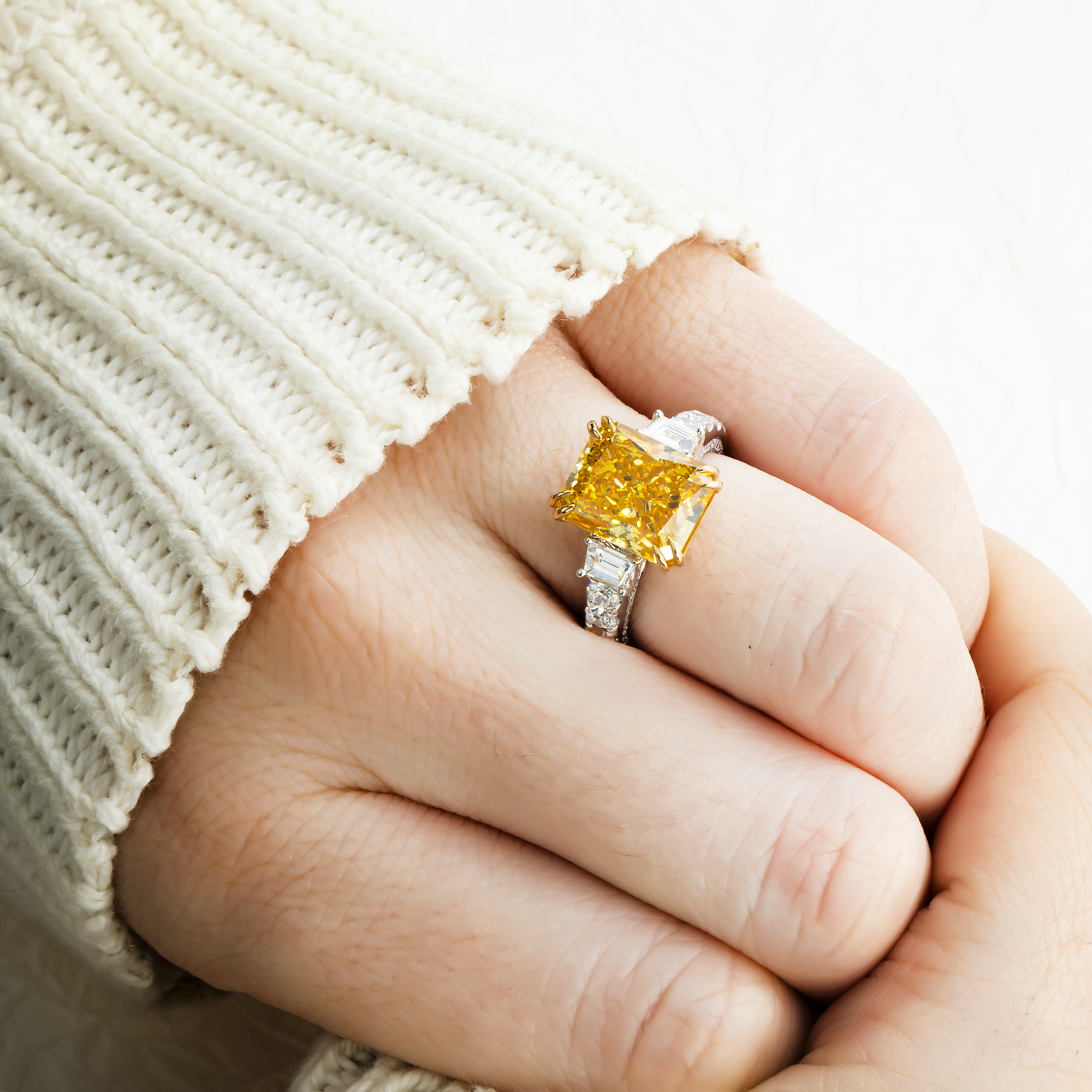 18K Two Tone 5.75ct Radiant Fancy Yellow Diamond Ring 7.15ctw
