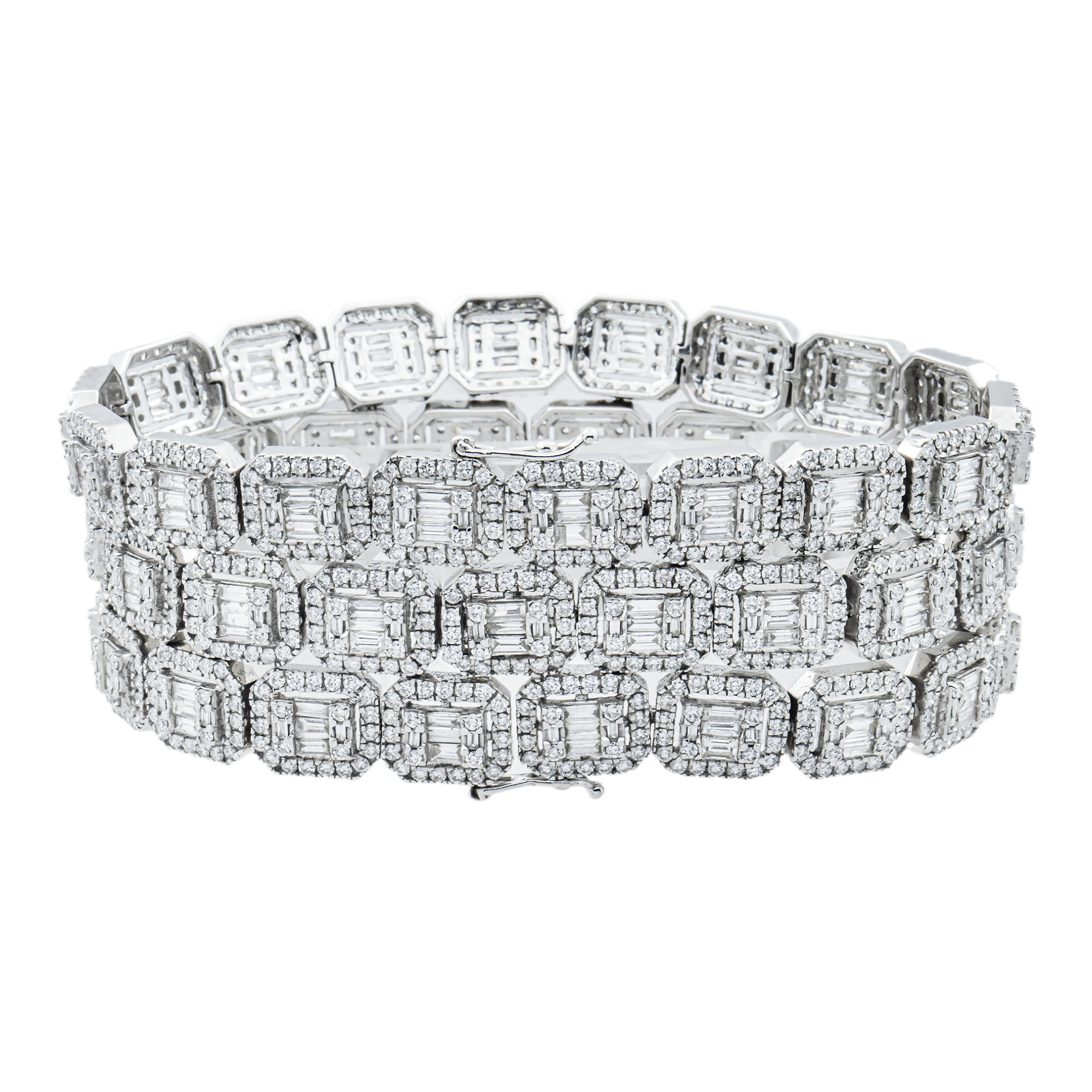 18K White Gold Triple Row Round & Baguette Cut Diamond Bracelet 17.44ct