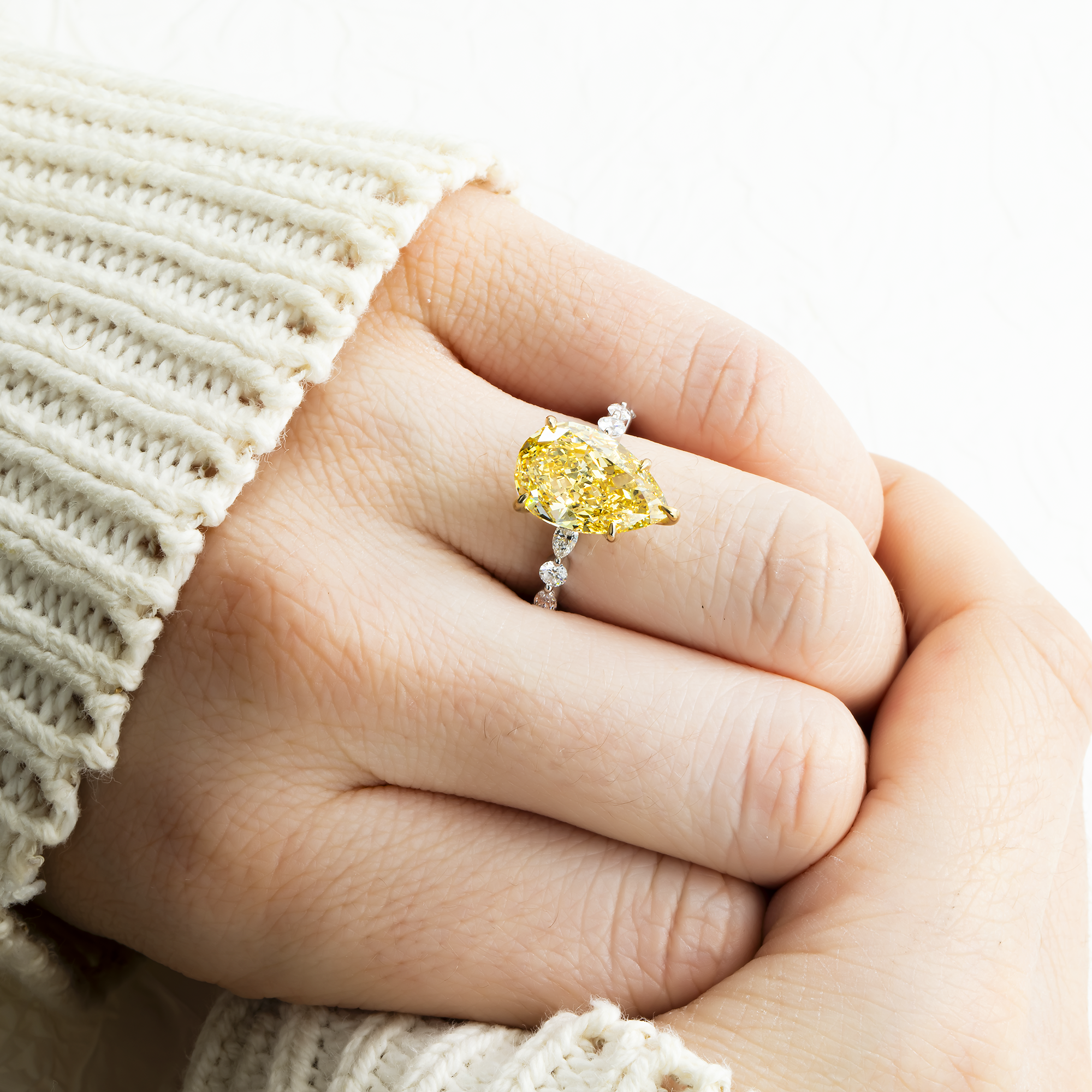 18K White Gold 5.44ct Pear Fancy Yellow Diamond Ring 6.49ctw