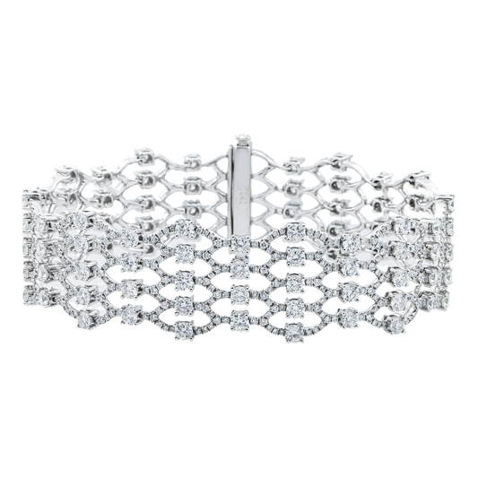 18K White Gold Five Row Round Diamond Bangle Bracelet 10.88ct