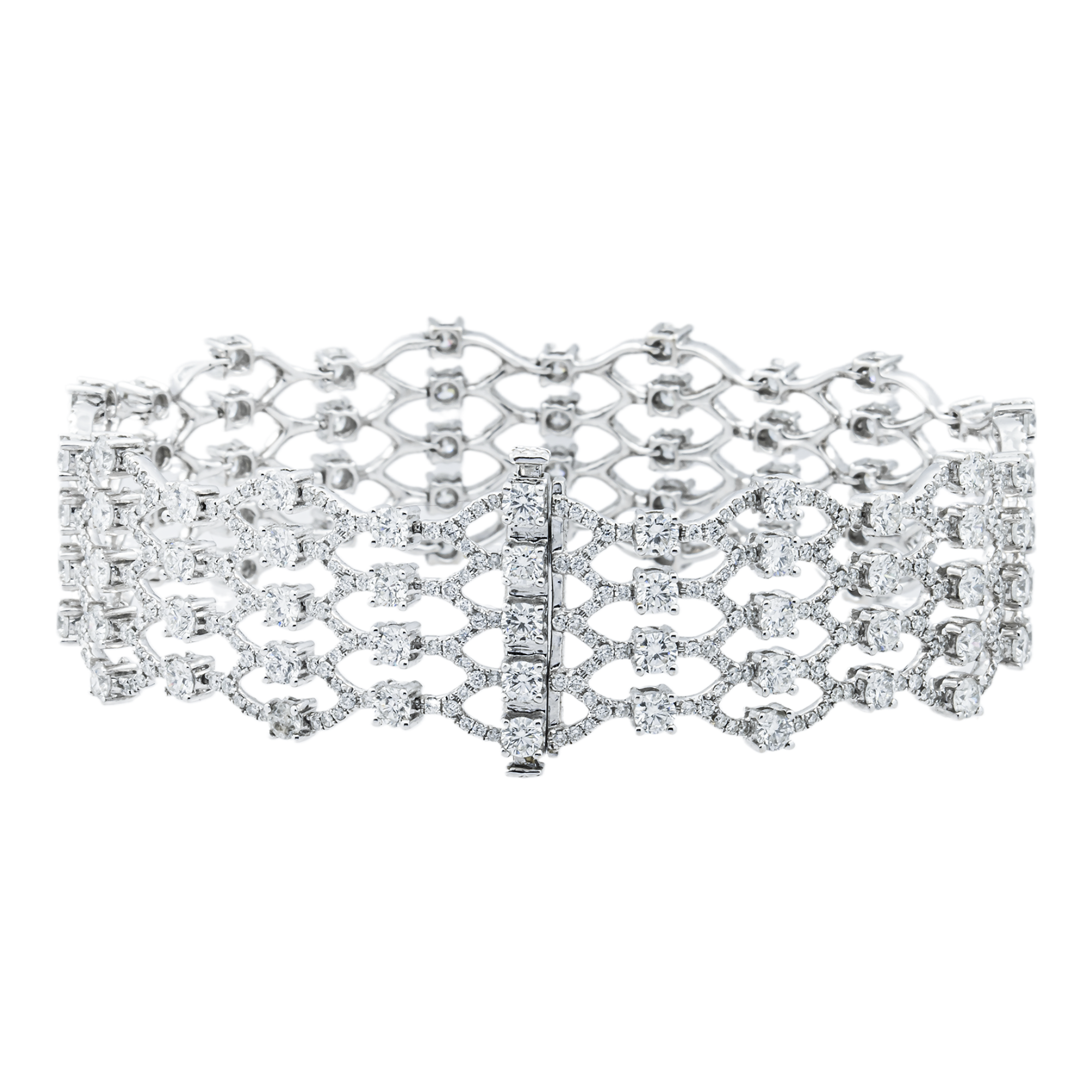 18K White Gold Five Row Round Diamond Bangle Bracelet 10.88ct