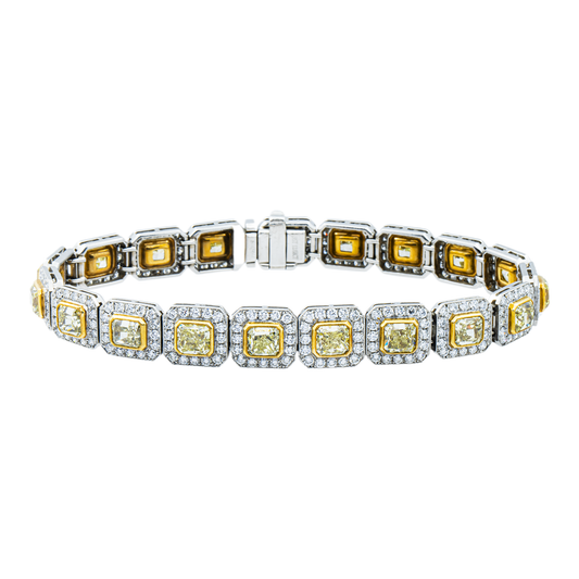 18K Two Tone Radiant Cut Canary Yellow & White Diamond Bracelet 16.68ct
