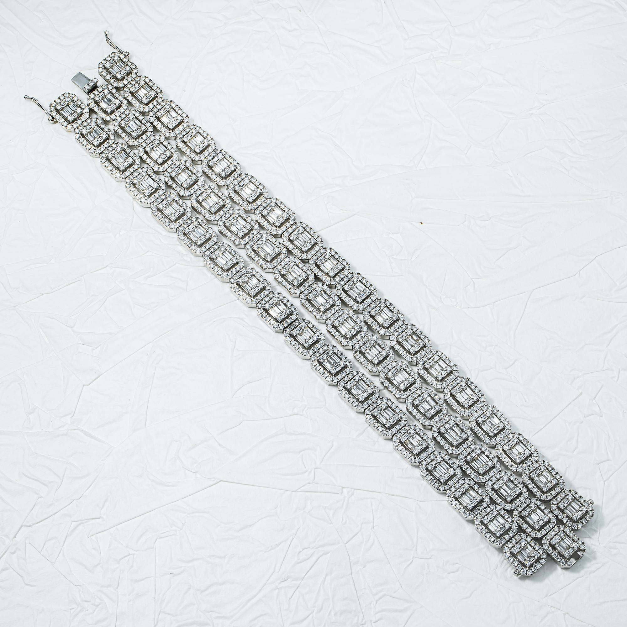 18K White Gold Triple Row Round & Baguette Cut Diamond Bracelet 17.44ct