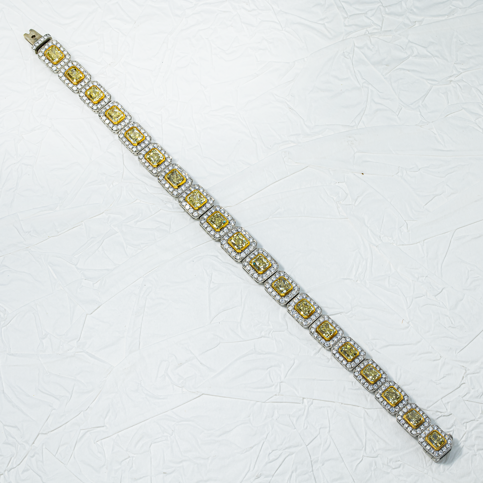 18K Two Tone Radiant Cut Canary Yellow & White Diamond Bracelet 16.68ct