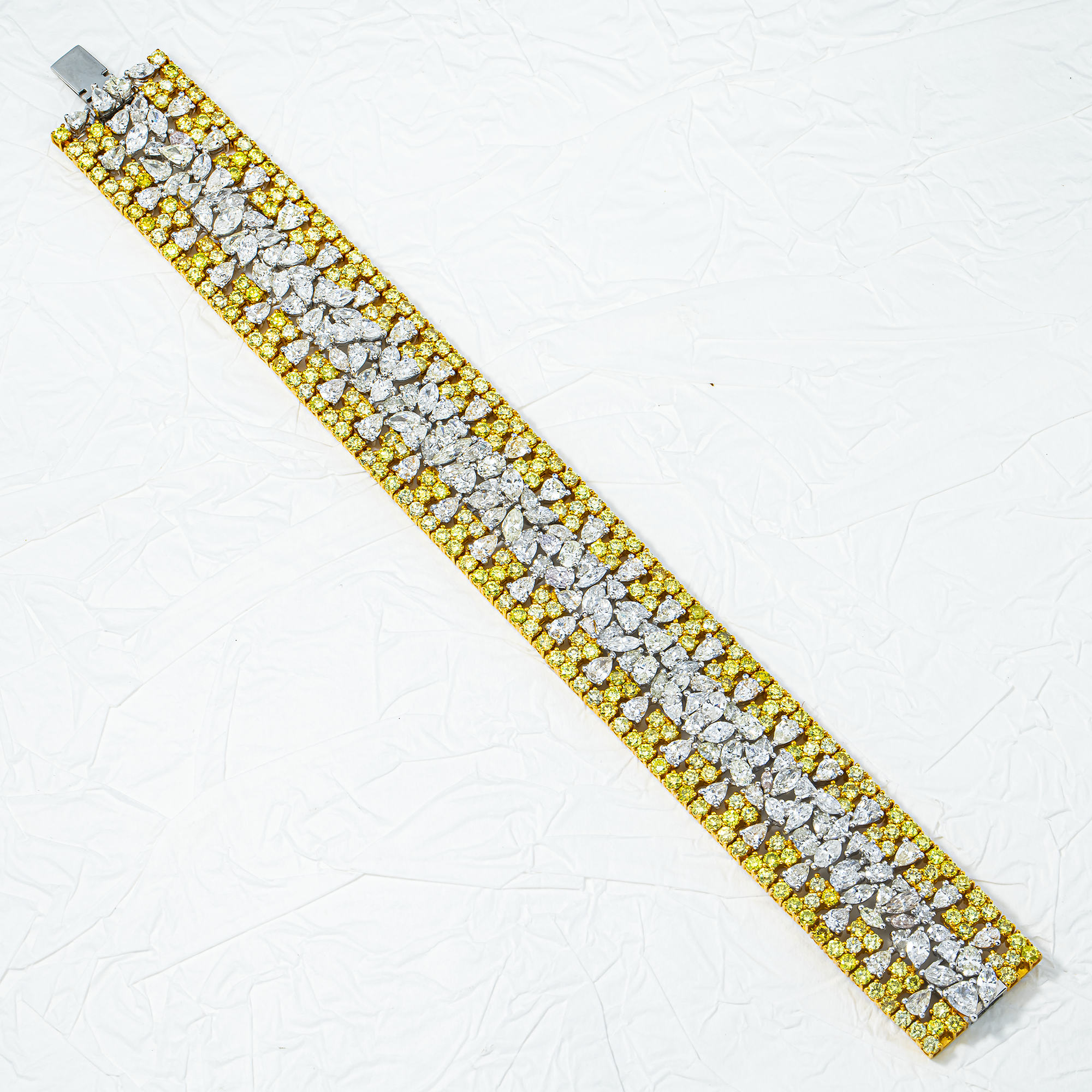 14K Two Tone Multi Cut Canary Yellow & White Diamond Bracelet 38.83ct