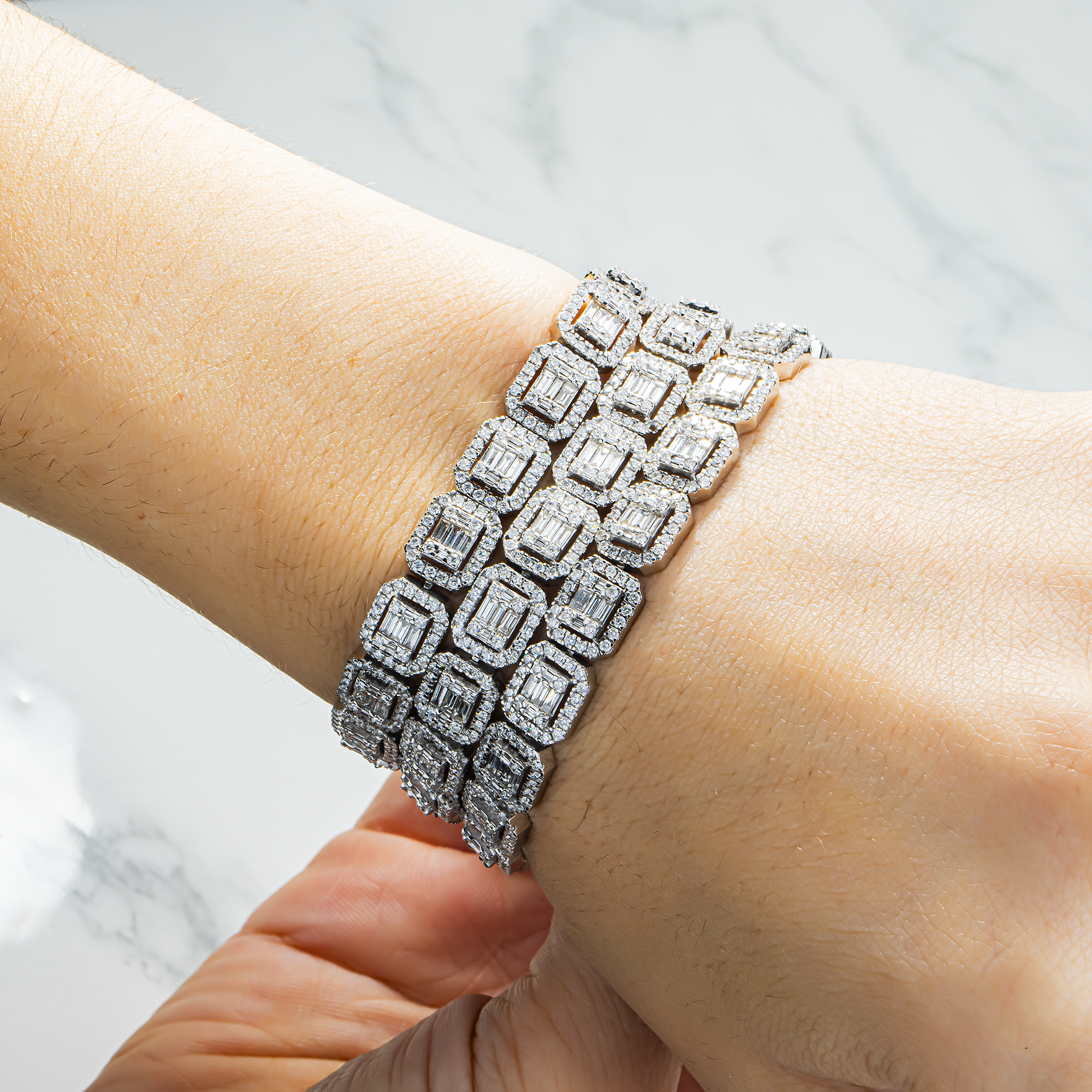 18K White Gold Triple Row Round & Baguette Cut Diamond Bracelet 17.44ct