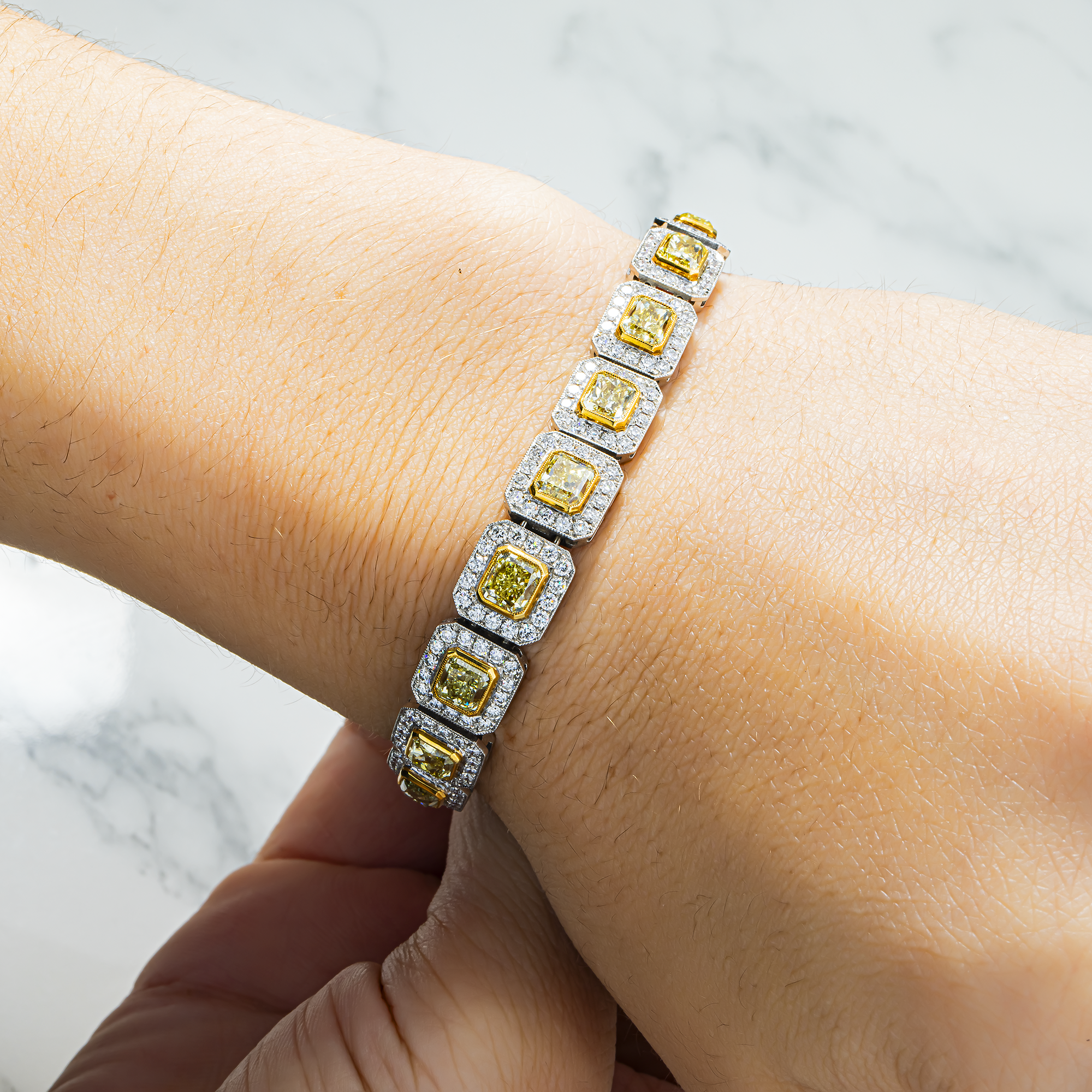 18K Two Tone Radiant Cut Canary Yellow & White Diamond Bracelet 16.68ct