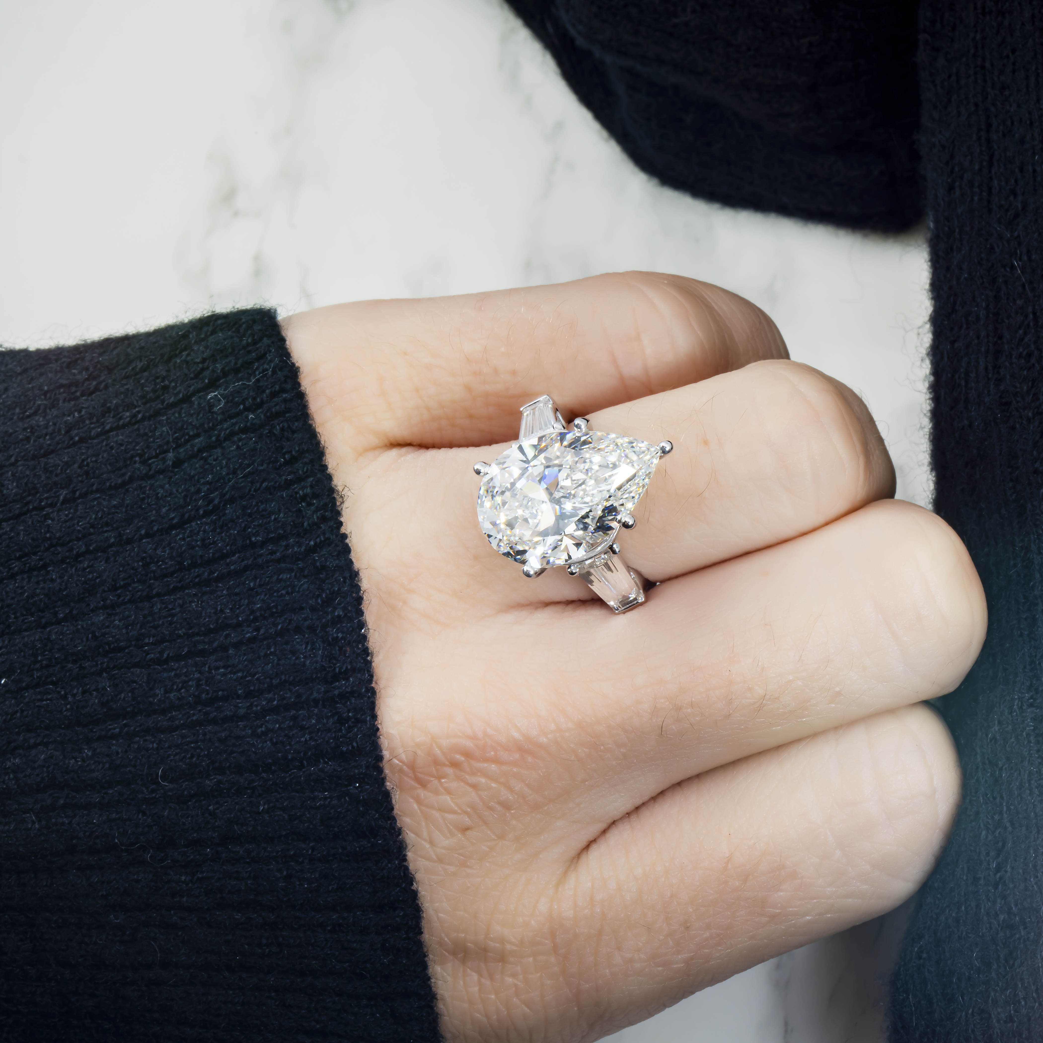 18K White Gold 10.80Ct Pear Cut Triple Diamond Engagement Ring 12.70Ctw Bridal