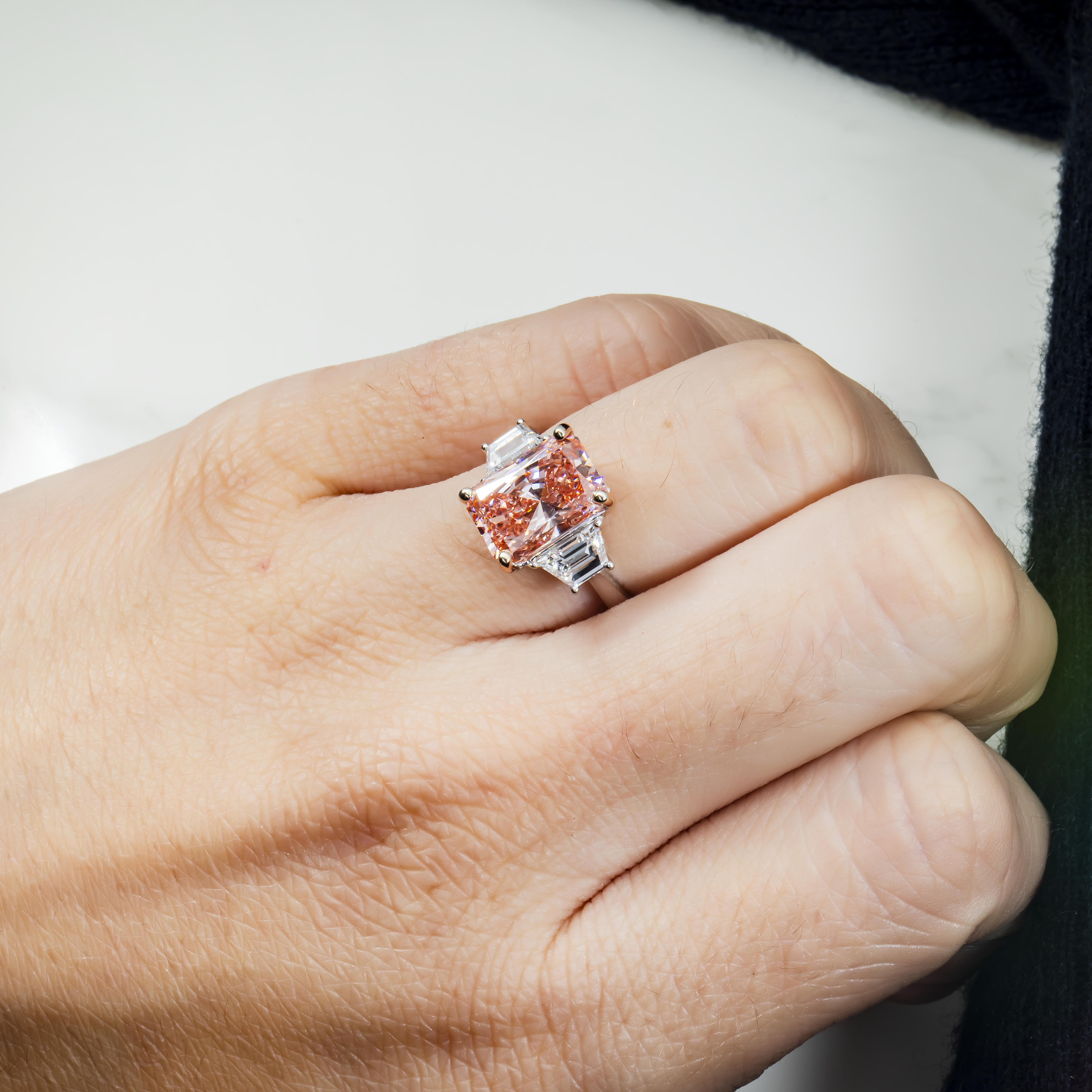 18K White Gold 3.72Ct Radiant Cut Fancy Vivid Pink Diamond Ring 4.82Ctw Bridal