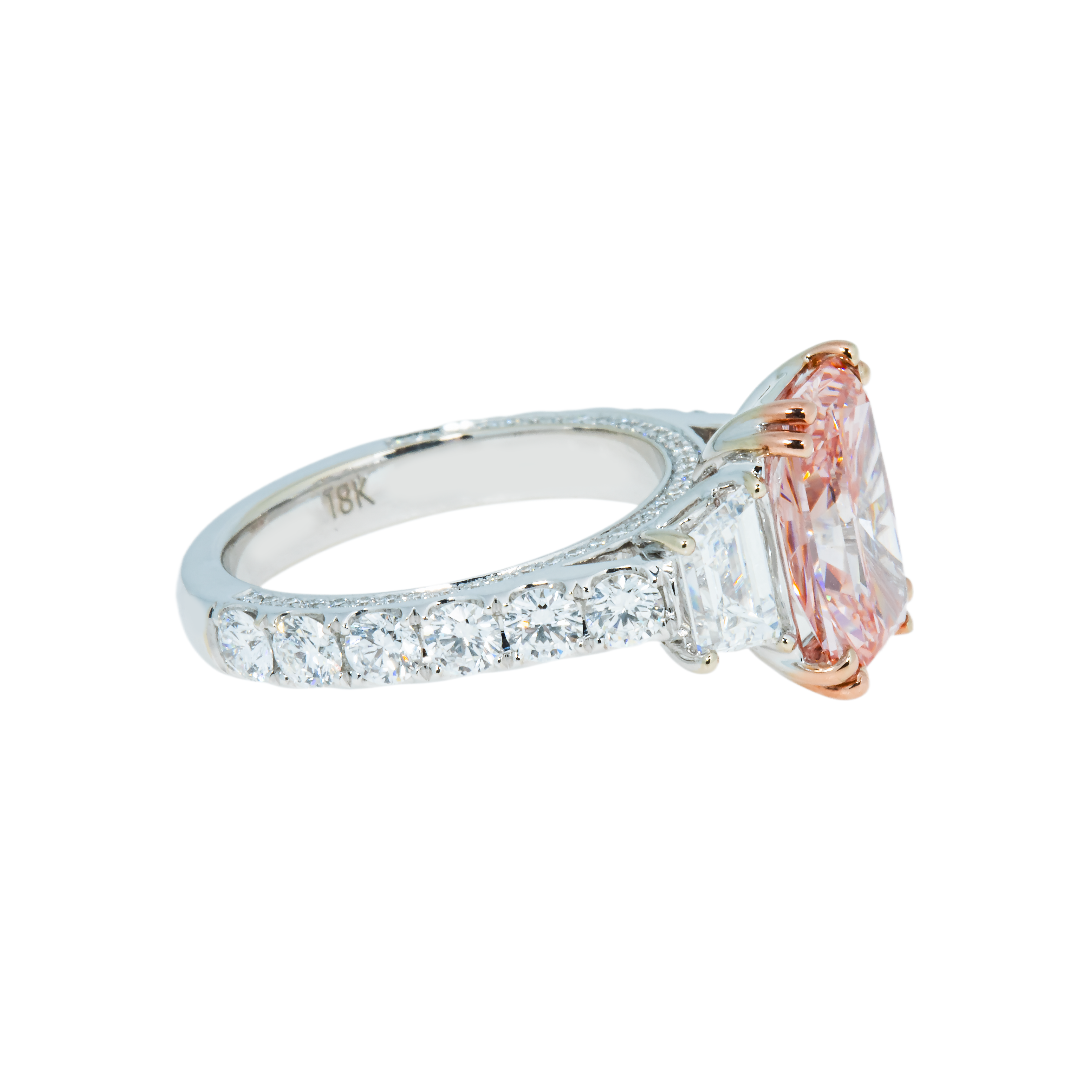 18K White Gold 3.26Ct Radiant Cut Fancy Vivid Pink Diamond Ring 5.76Ctw Bridal
