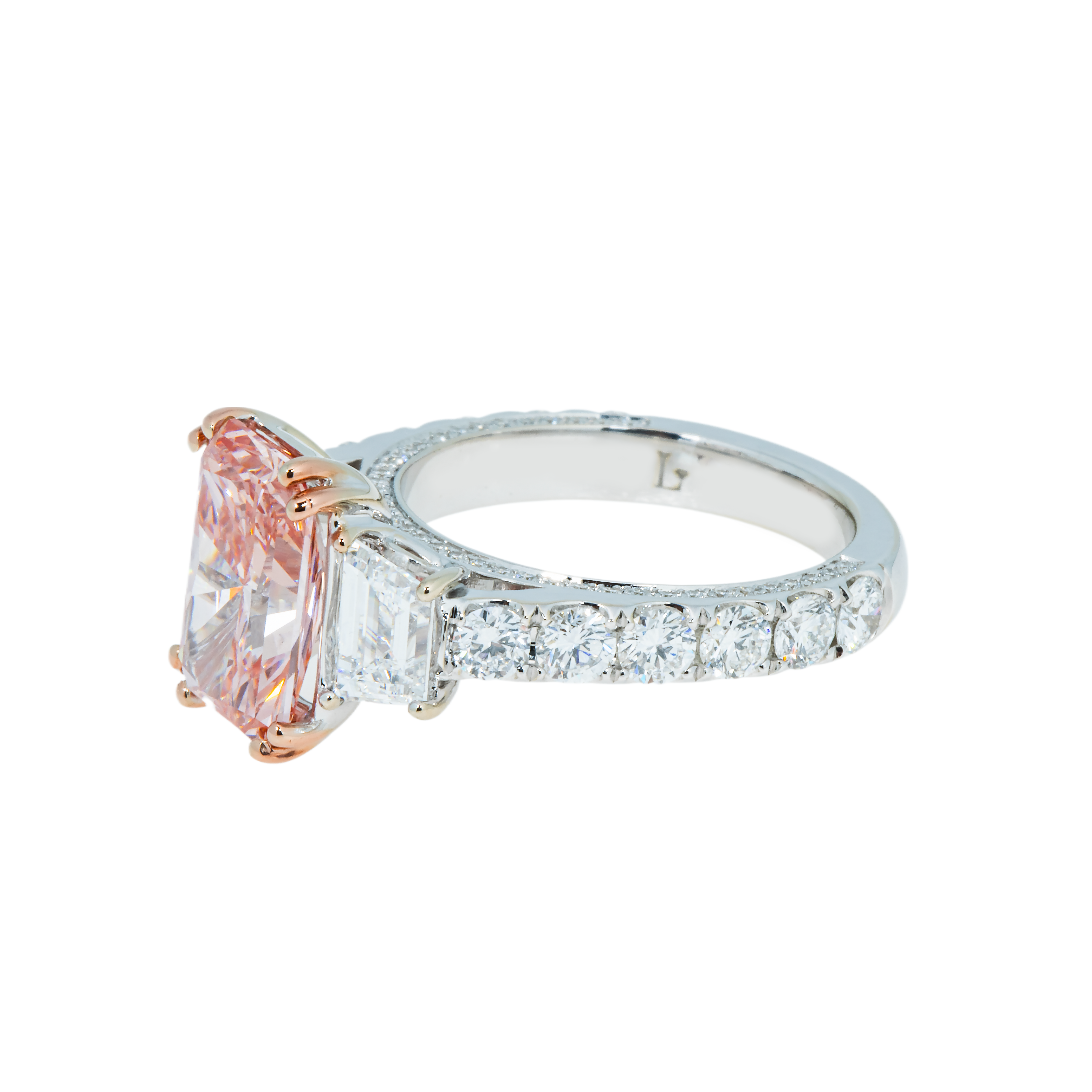 18K White Gold 3.26Ct Radiant Cut Fancy Vivid Pink Diamond Ring 5.76Ctw Bridal