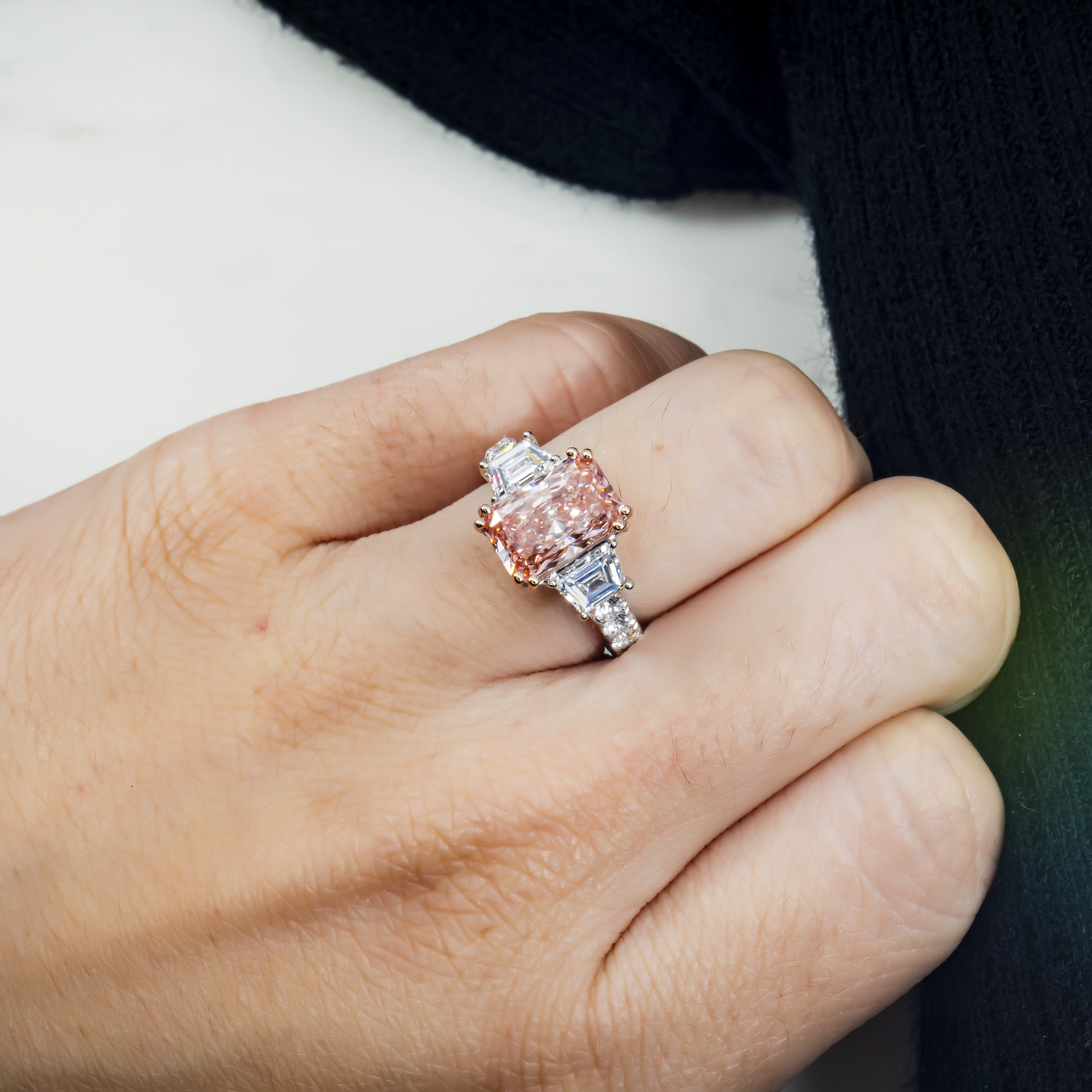 18K White Gold 3.26Ct Radiant Cut Fancy Vivid Pink Diamond Ring 5.76Ctw Bridal