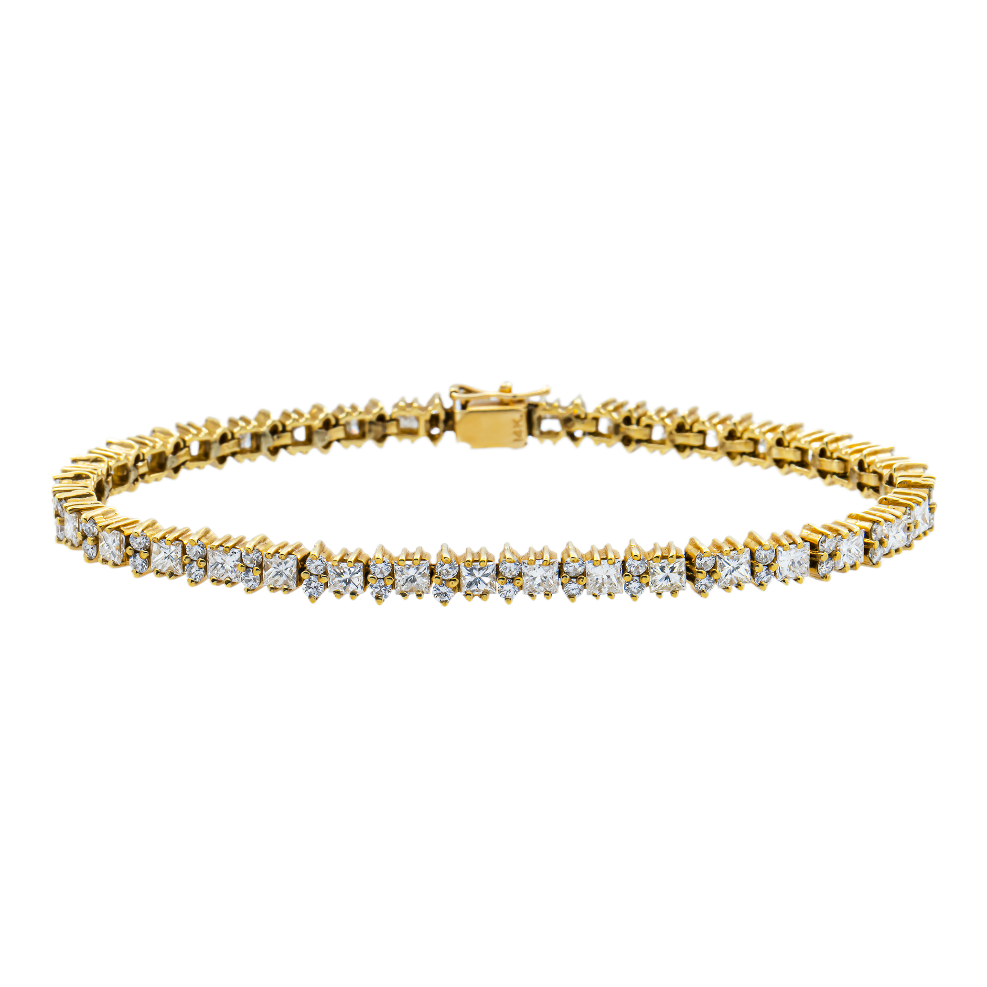 14K Yellow Gold Round & Princess Cut Diamond Tennis Bracelet 7.1ct