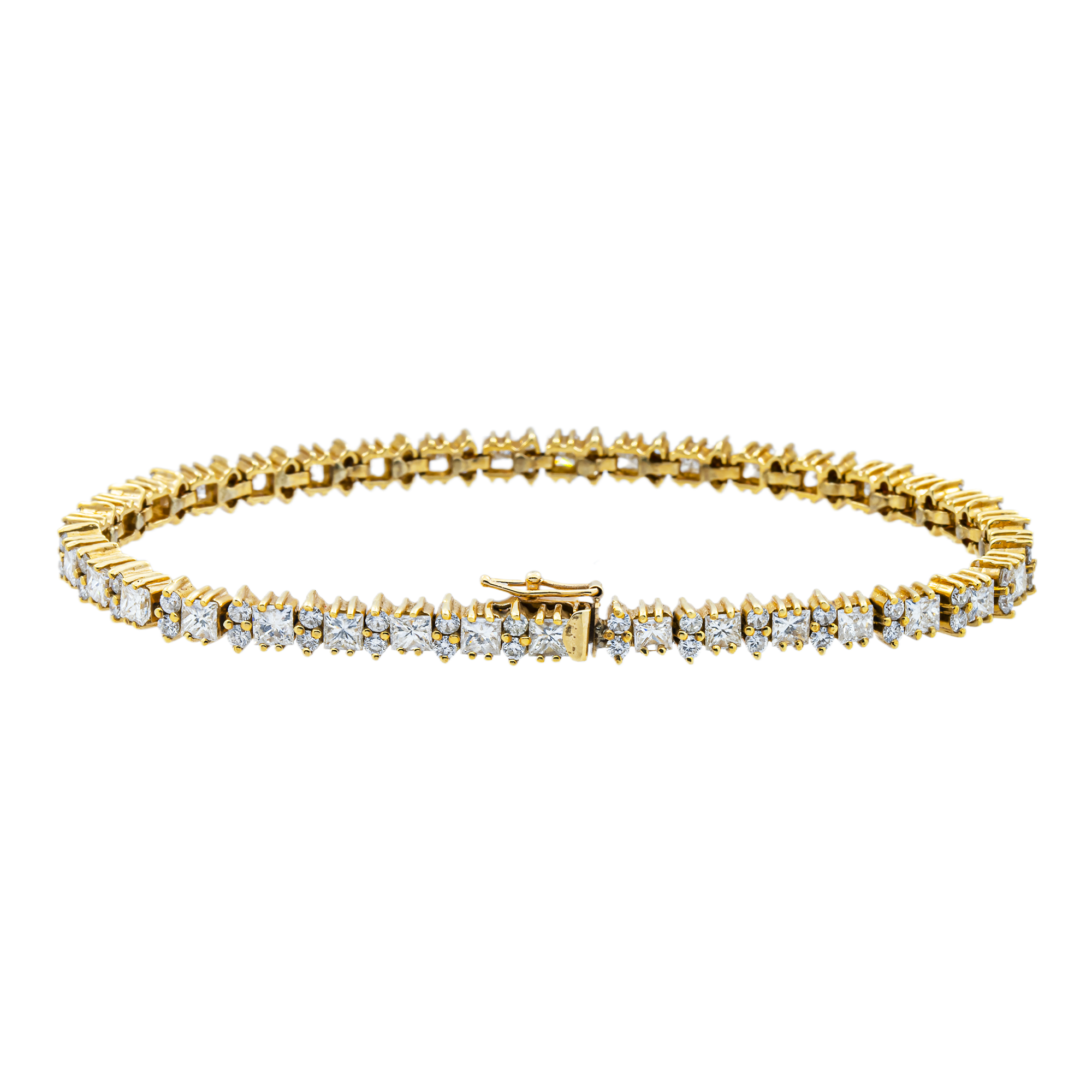 14K Yellow Gold Round & Princess Cut Diamond Tennis Bracelet 7.1ct