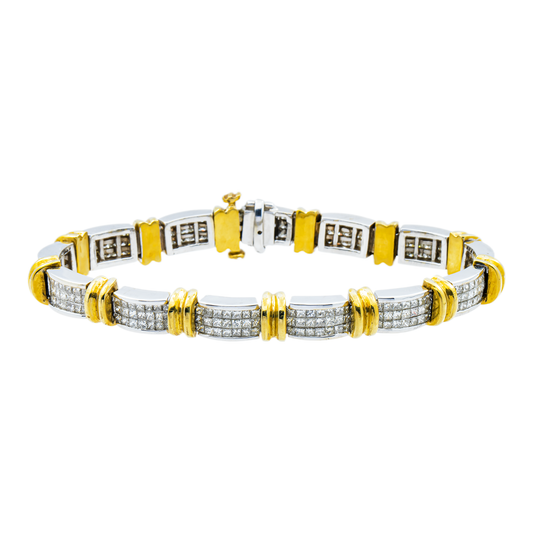 18K Two Tone Princess Cut Diamond Bracelet 7.15ct