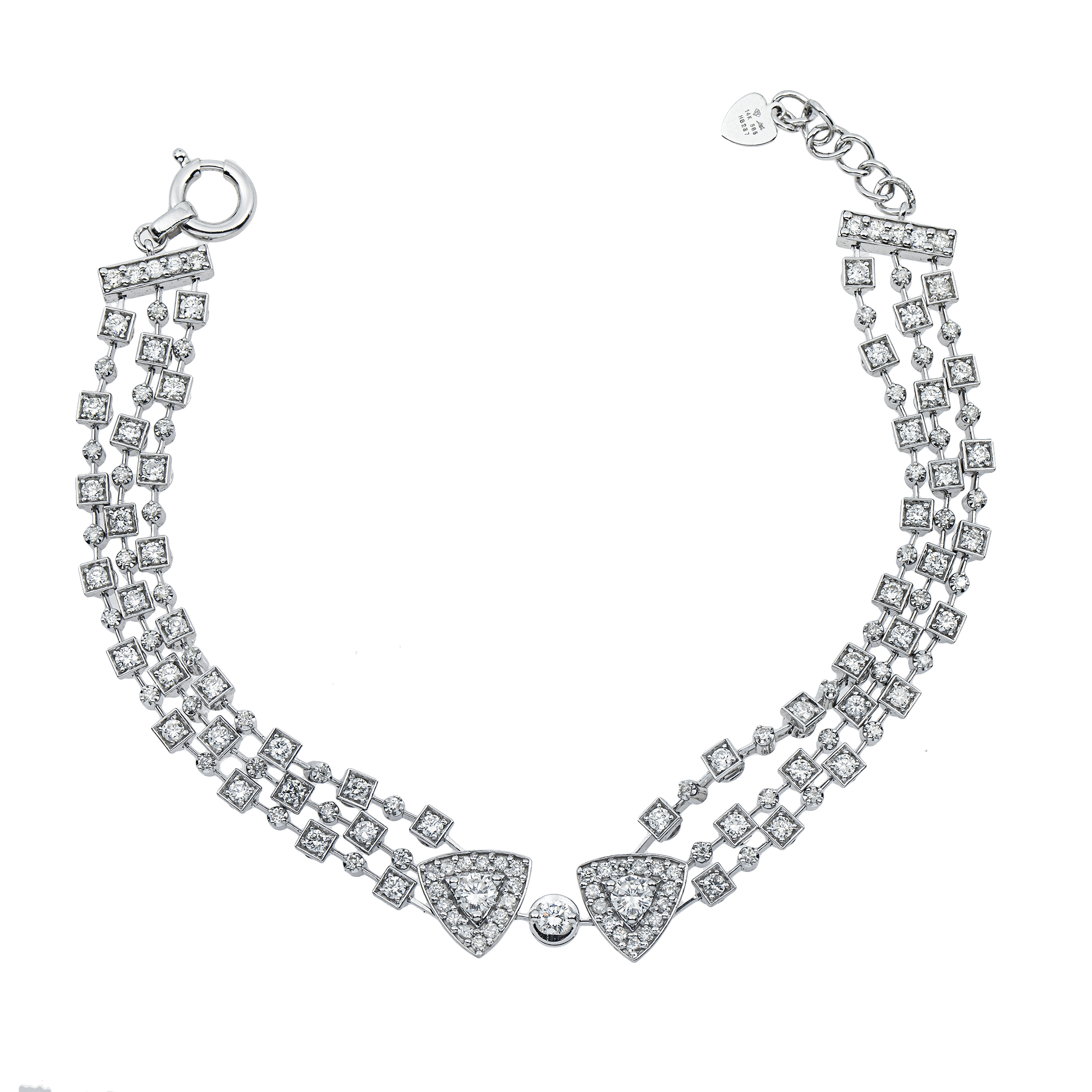 14K White Gold Triple Row Round Diamond Bracelet 3.01ct