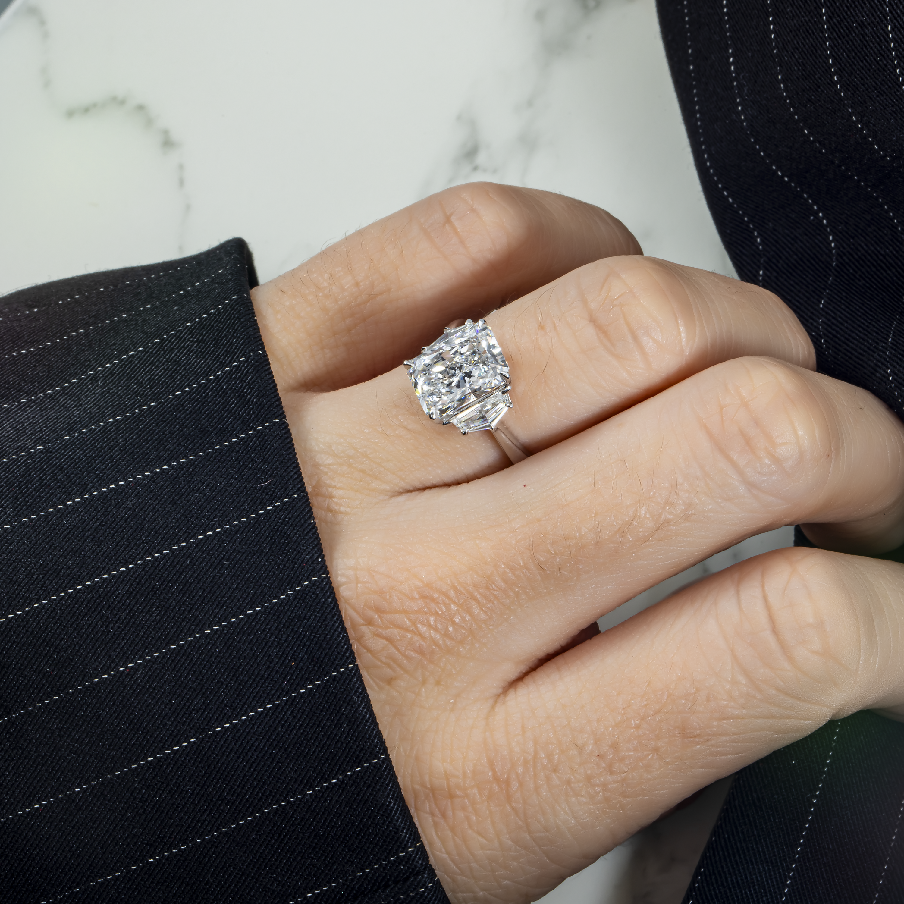 Platinum 3.57 Radiant Cut Triple Diamond Engagement Ring 4.17Ctw Bridal