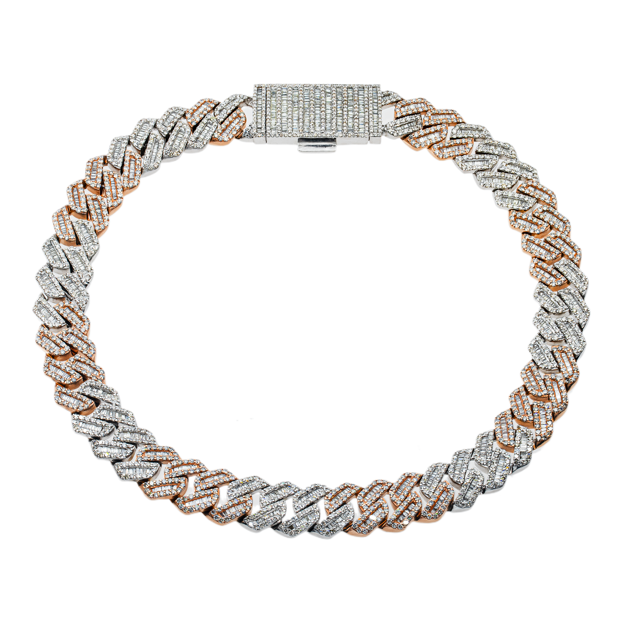 14K Two Tone Round & Baguette Diamond Cuban Link Chain 30.30ct