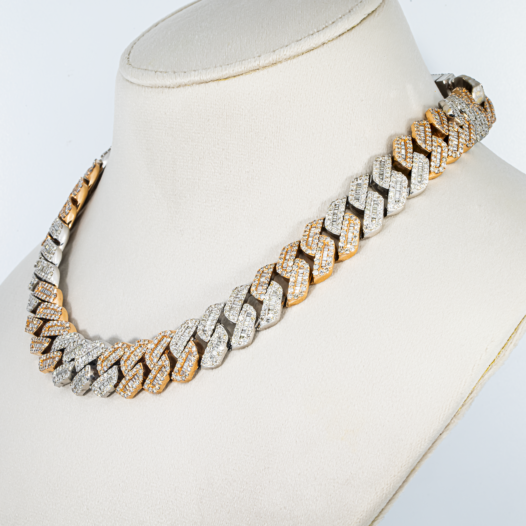 14K Two Tone Round & Baguette Diamond Cuban Link Chain 30.30ct