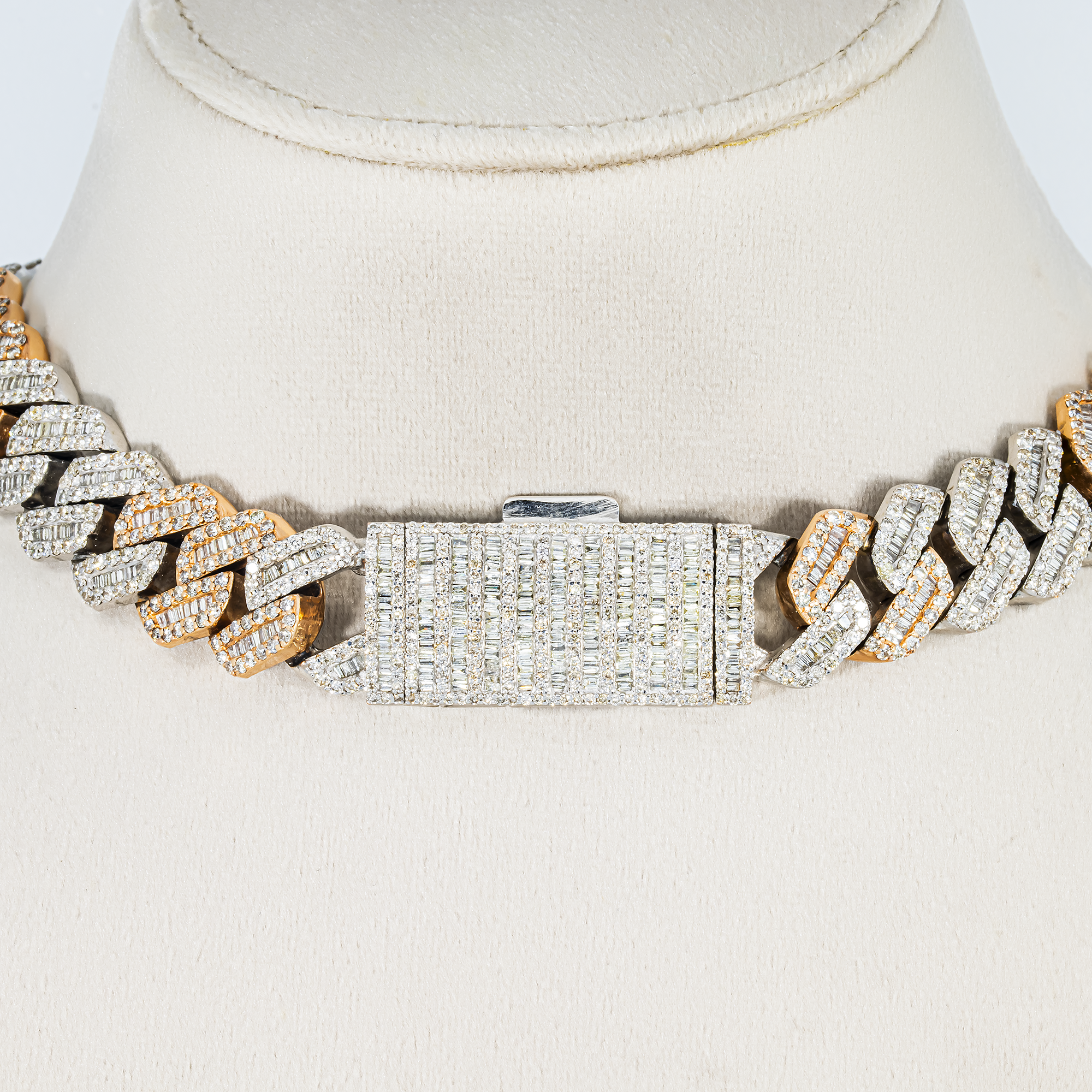 14K Two Tone Round & Baguette Diamond Cuban Link Chain 30.30ct