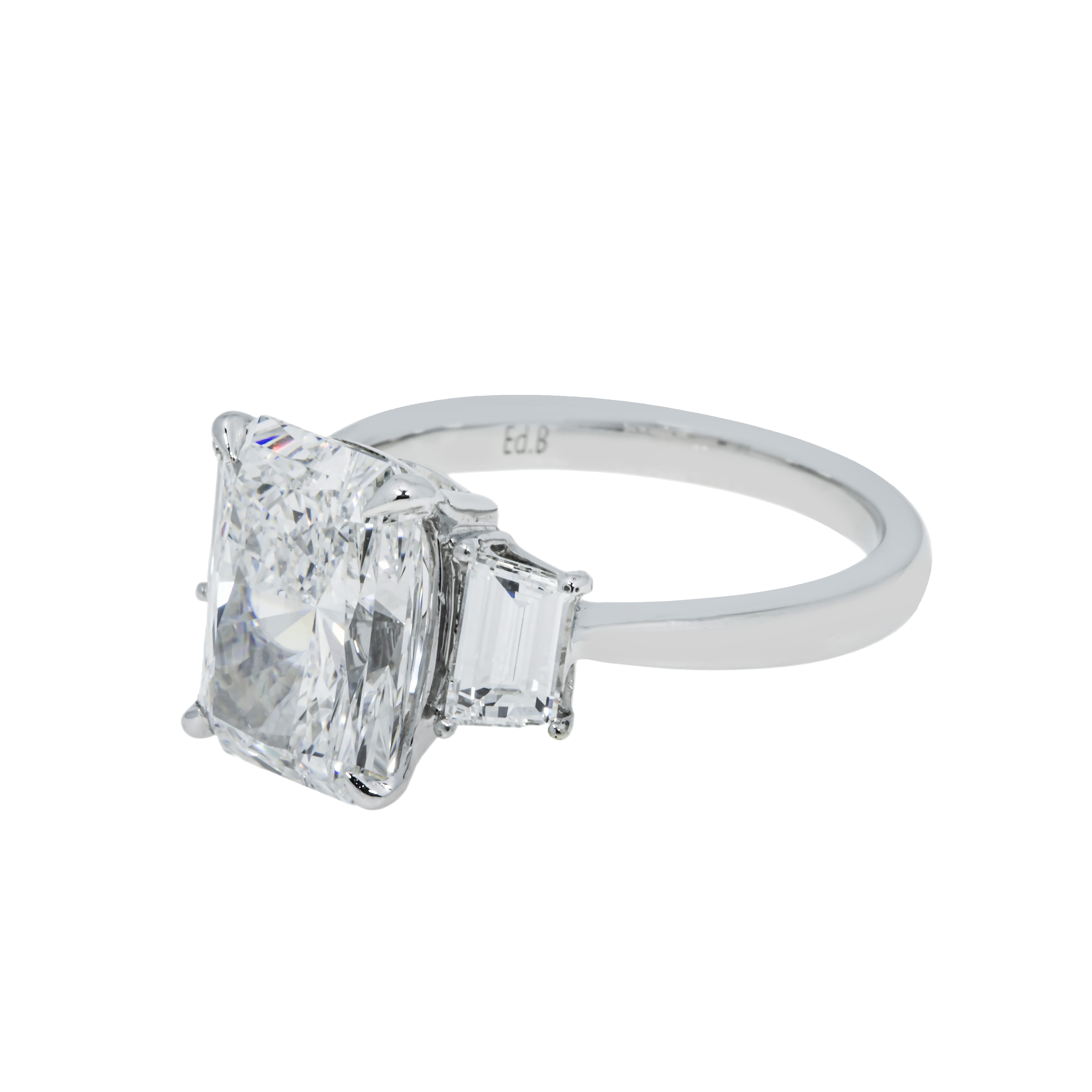 Platinum 3.72Ct Radiant Cut Triple Diamond Engagement Ring 4.38Ctw Bridal