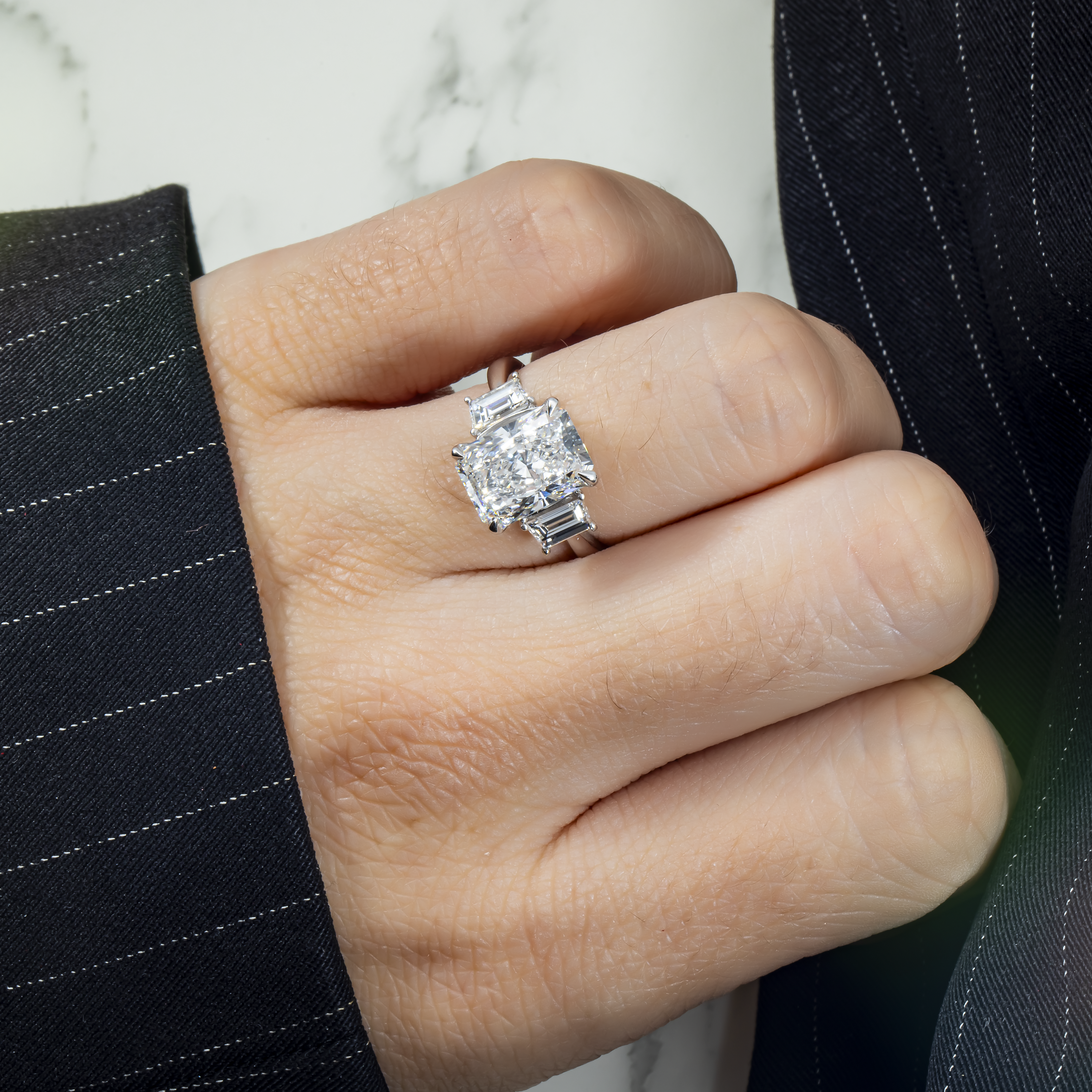 Platinum 3.72Ct Radiant Cut Triple Diamond Engagement Ring 4.38Ctw Bridal