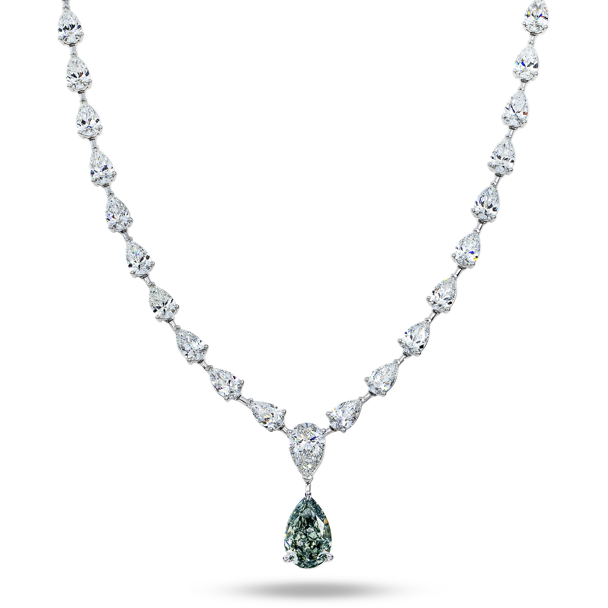 Igi Platinum Pear Cut Fancy Vivid Blue Green Diamond Drop Necklace 49.43Ctw Necklace