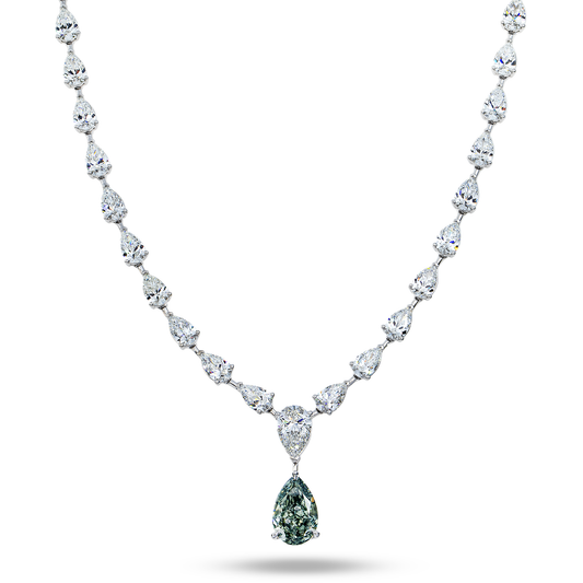 IGI Platinum Pear Cut Fancy Vivid Blue Green Diamond Drop Necklace 49.43ctw