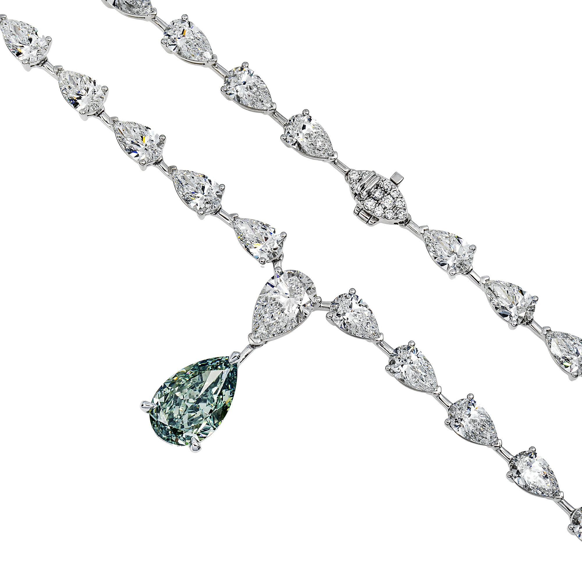 Igi Platinum Pear Cut Fancy Vivid Blue Green Diamond Drop Necklace 49.43Ctw Necklace