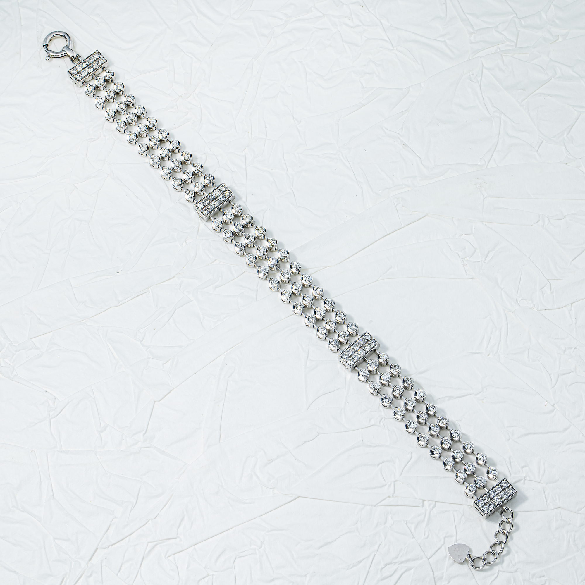 14K White Gold Triple Row Round Diamond Bracelet 3.96ct