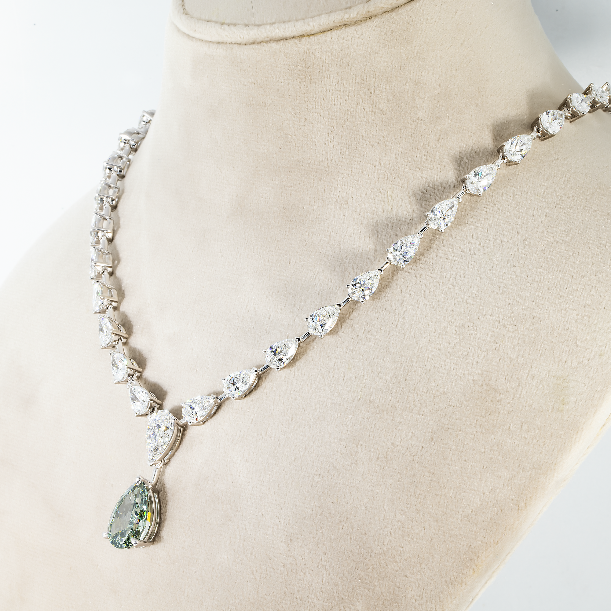 Igi Platinum Pear Cut Fancy Vivid Blue Green Diamond Drop Necklace 49.43Ctw Necklace