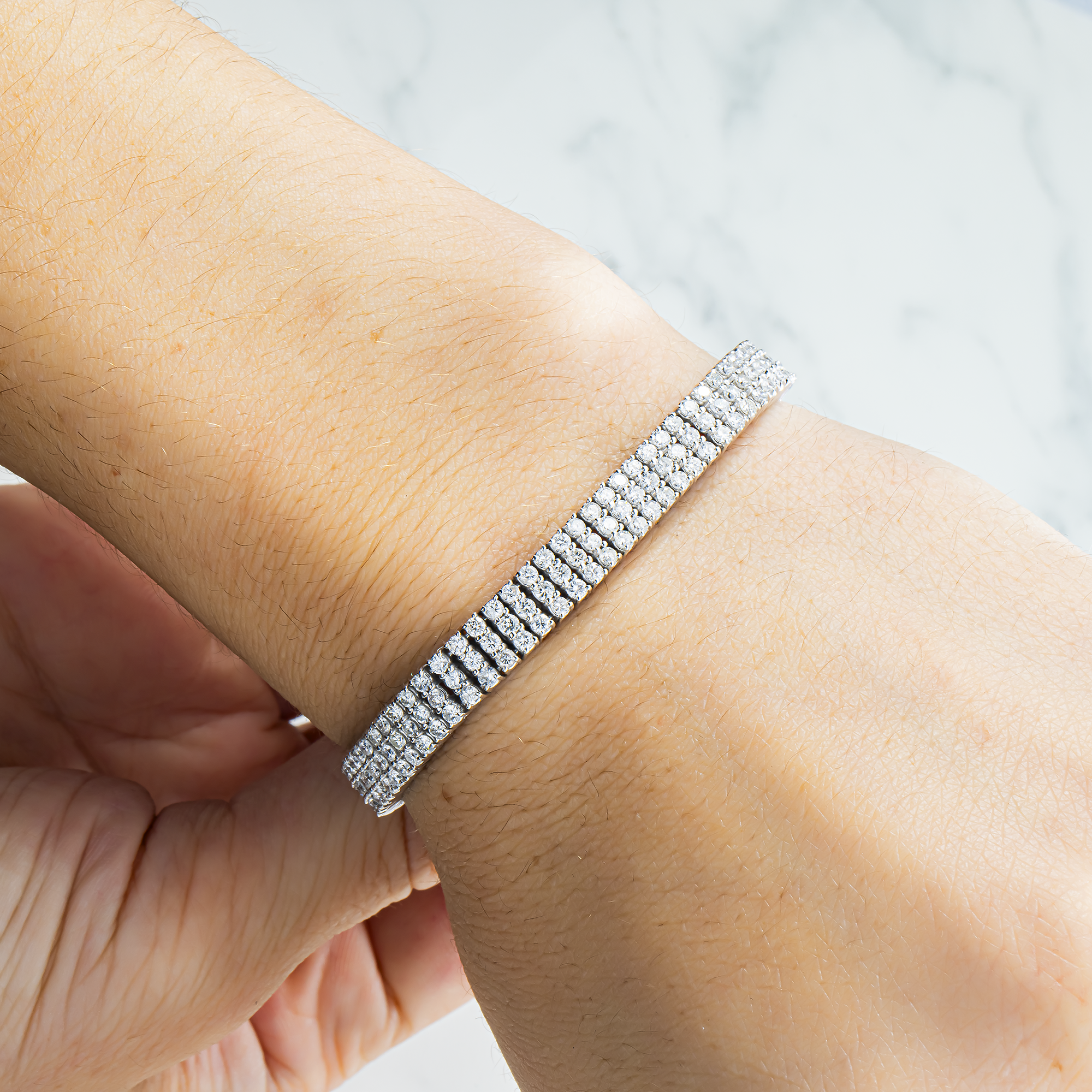 14K White Gold Triple Row Round Diamond Bracelet 20.70ct