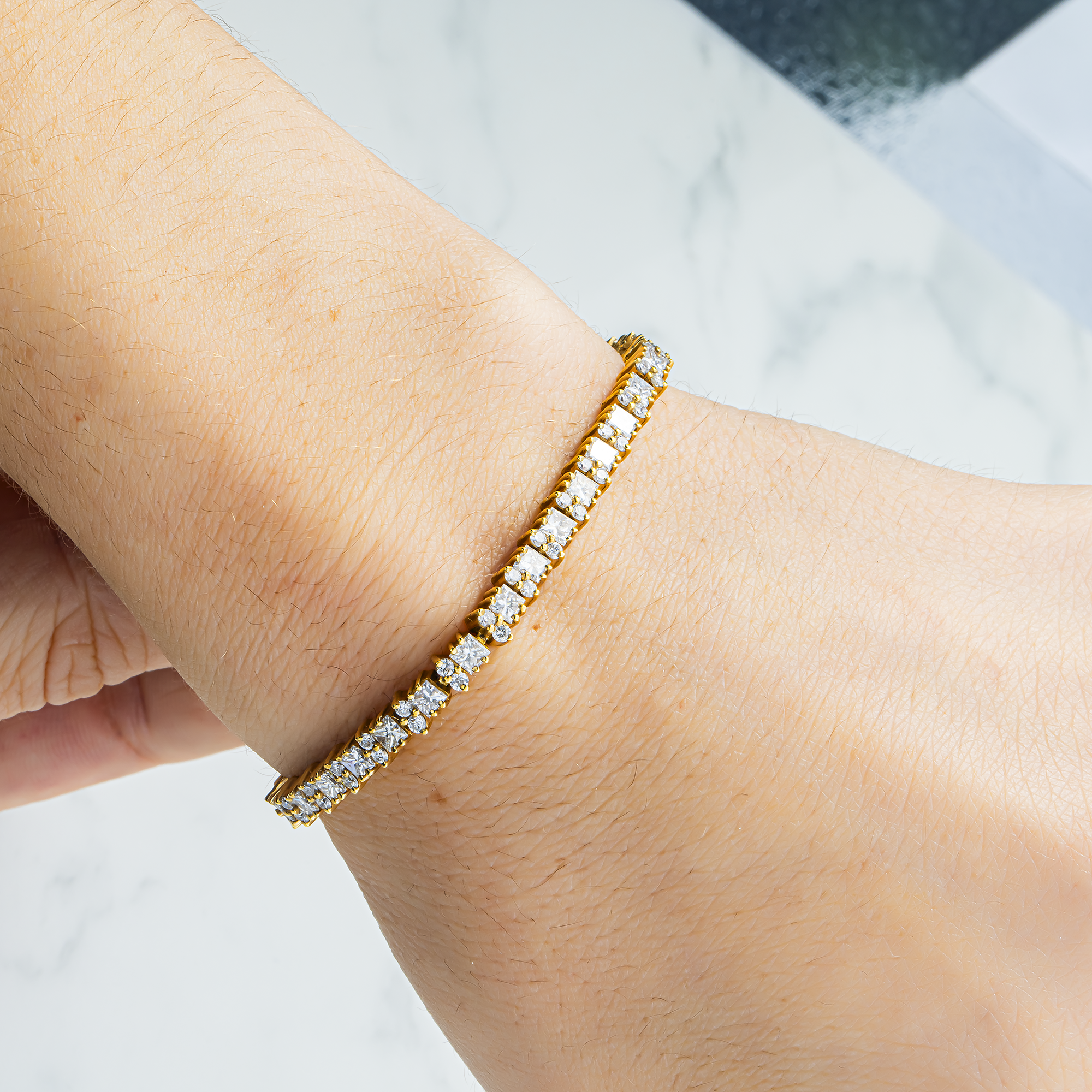 14K Yellow Gold Round & Princess Cut Diamond Tennis Bracelet 7.1ct