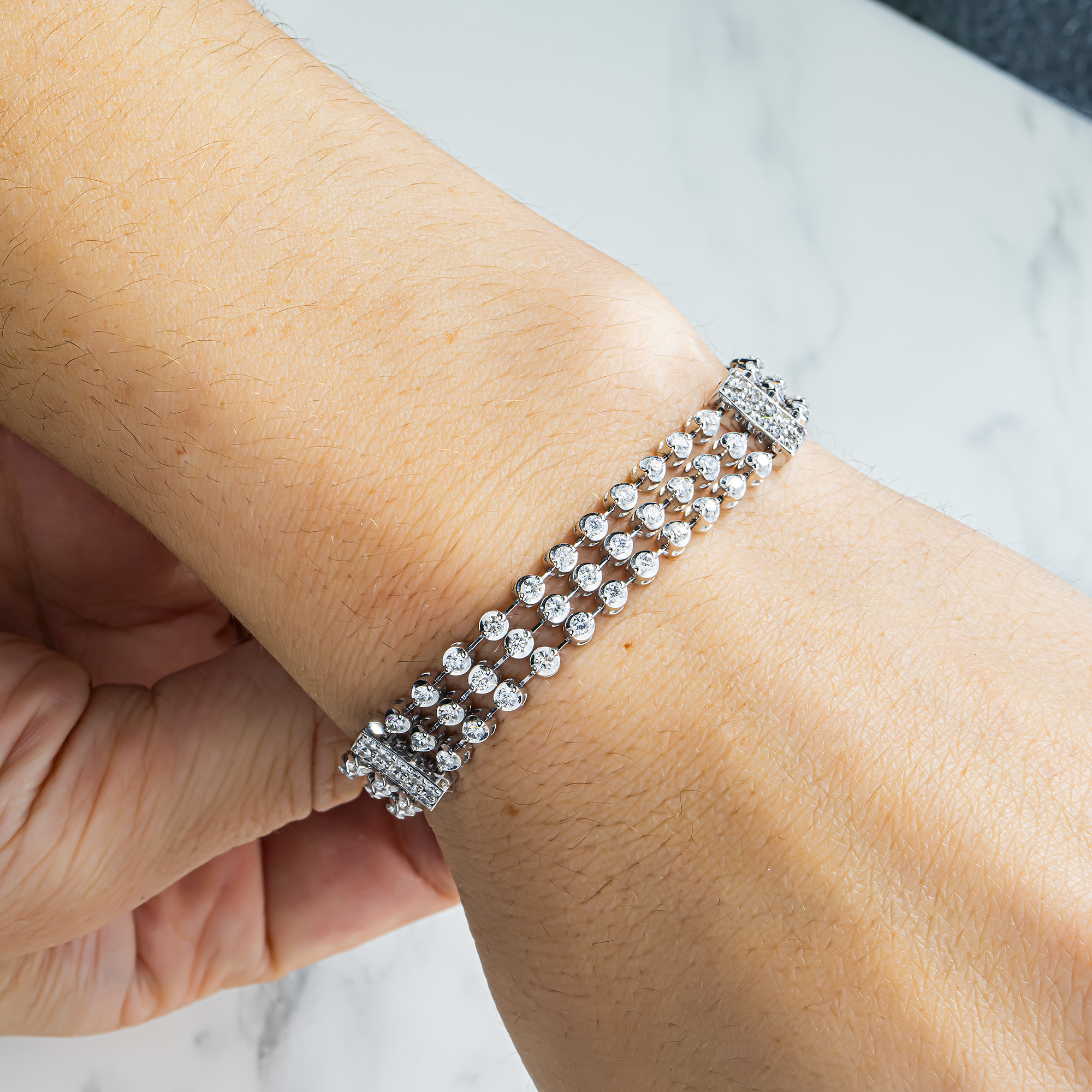 14K White Gold Triple Row Round Diamond Bracelet 3.96ct