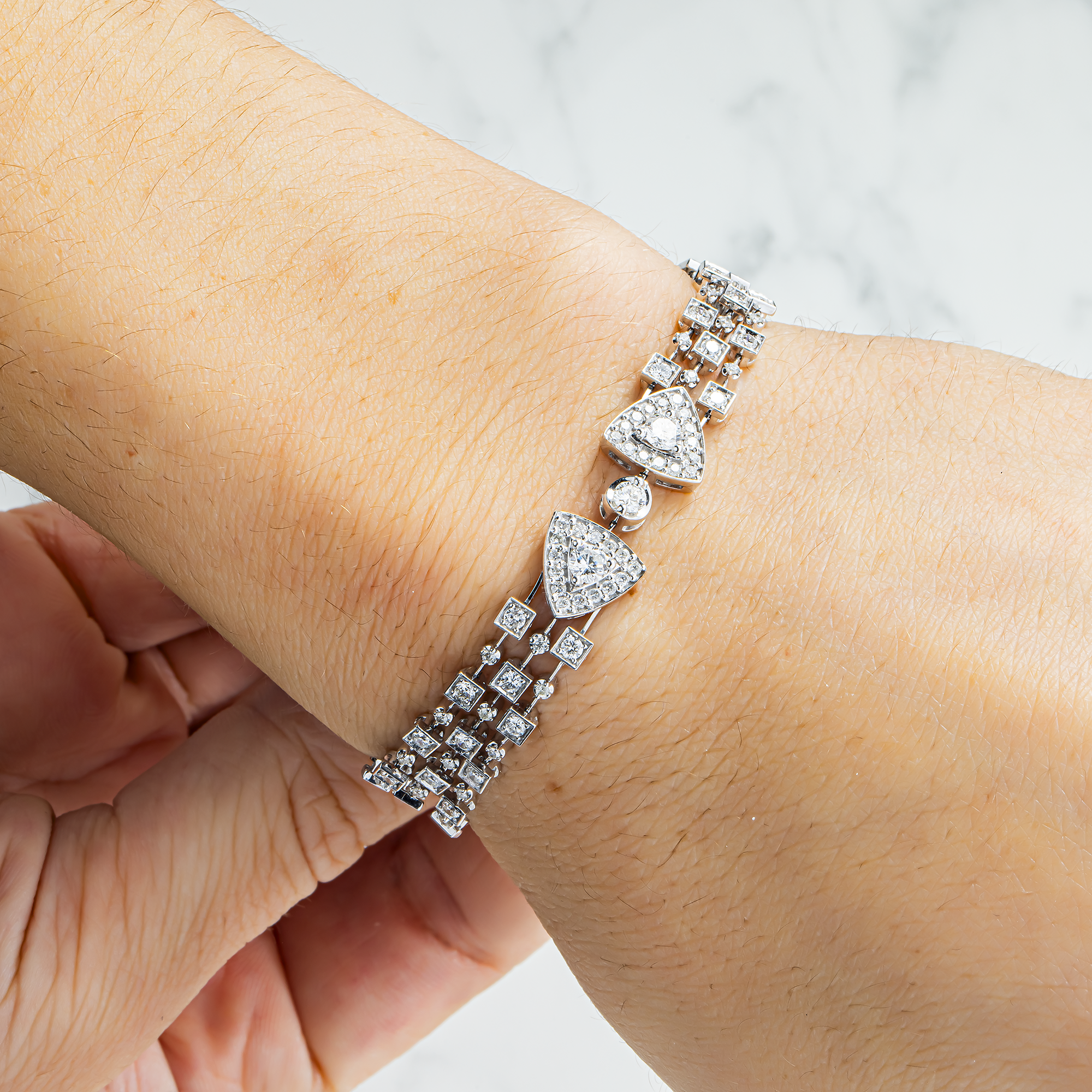 14K White Gold Triple Row Round Diamond Bracelet 3.01ct