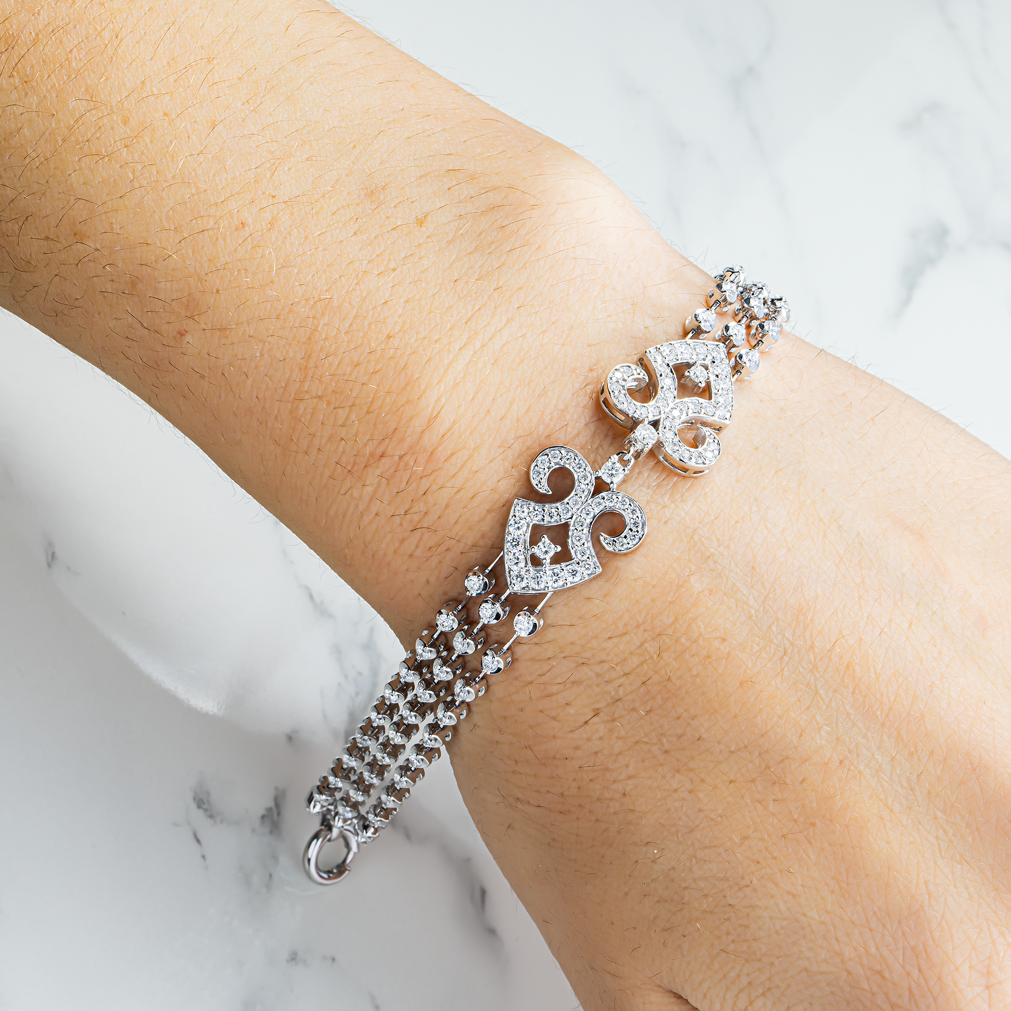 14K White Gold Triple Row Round Diamond Bracelet 3.10ct