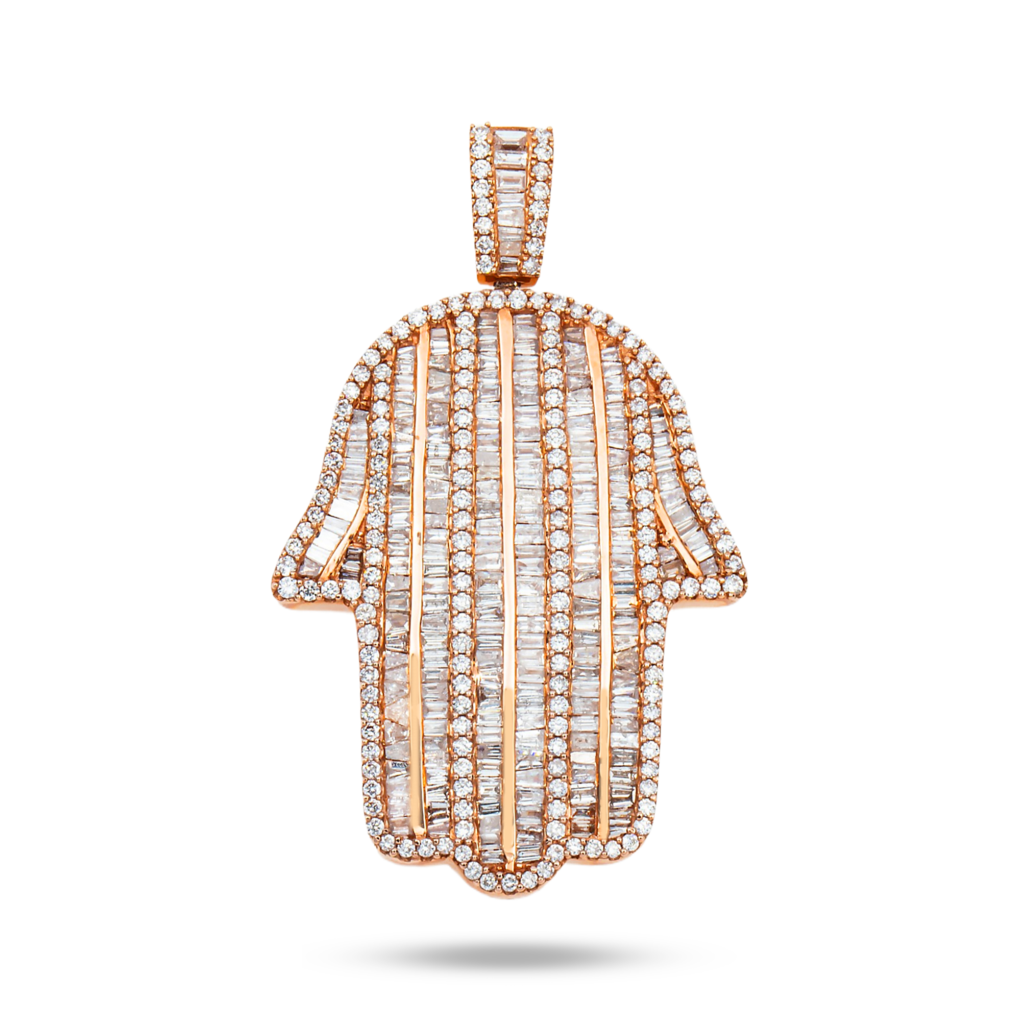 14K Rose Gold Baguette & Round Diamond Hamsa Pendant 3.52Ct