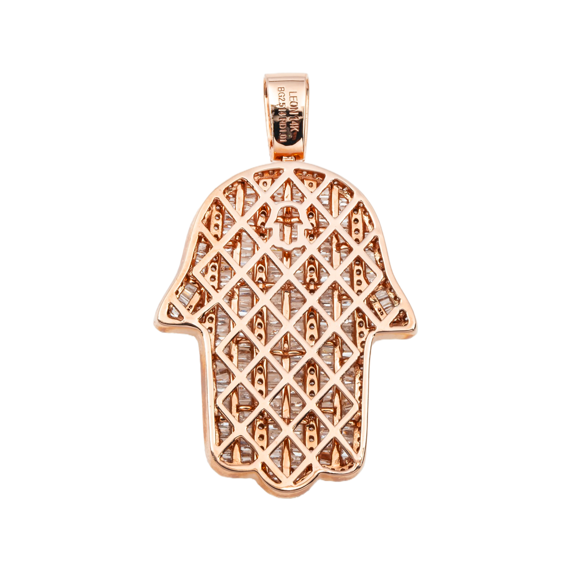 14K Rose Gold Baguette & Round Diamond Hamsa Pendant 3.52Ct