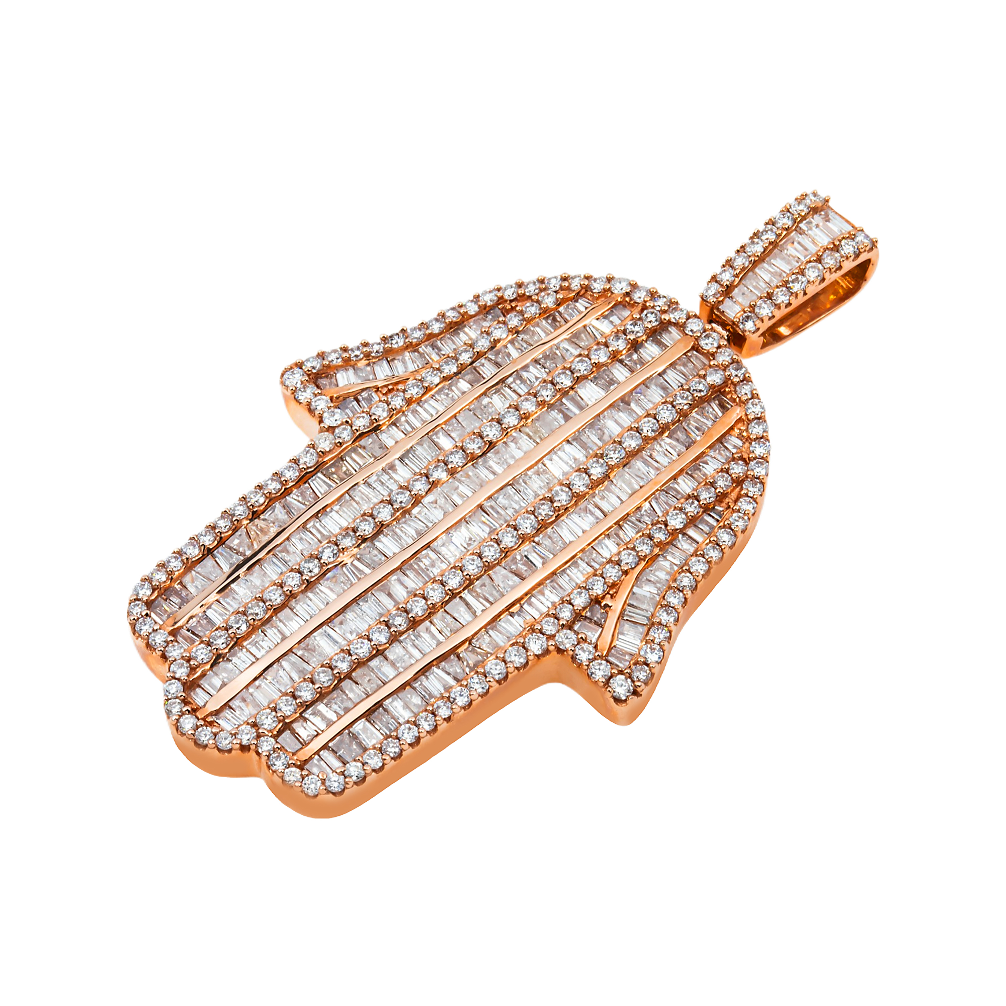 14K Rose Gold Baguette & Round Diamond Hamsa Pendant 3.52Ct
