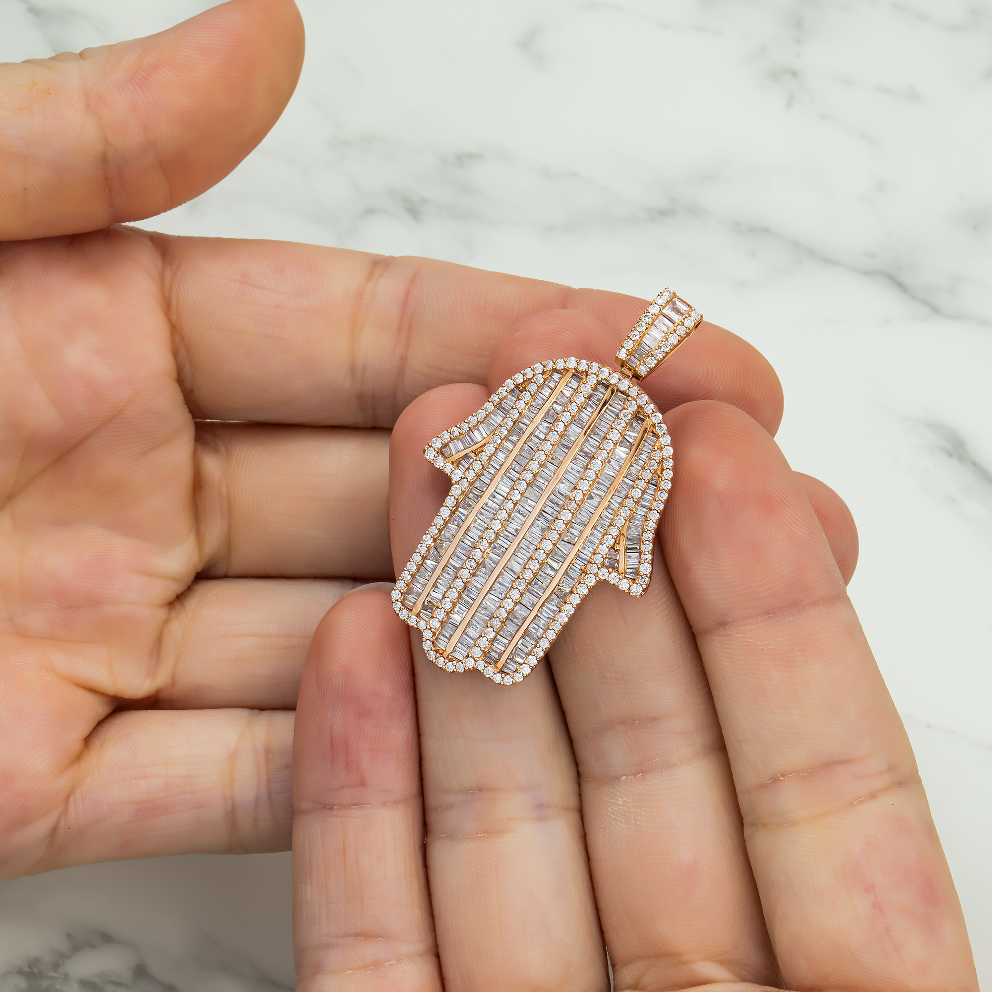 14K Rose Gold Baguette & Round Diamond Hamsa Pendant 3.52Ct